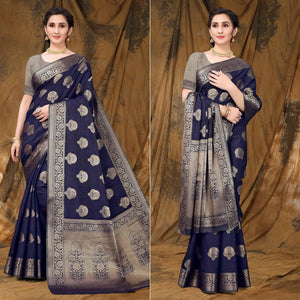 Navy Blue Festive Wear Woven Raw Silk Saree - Peachmode