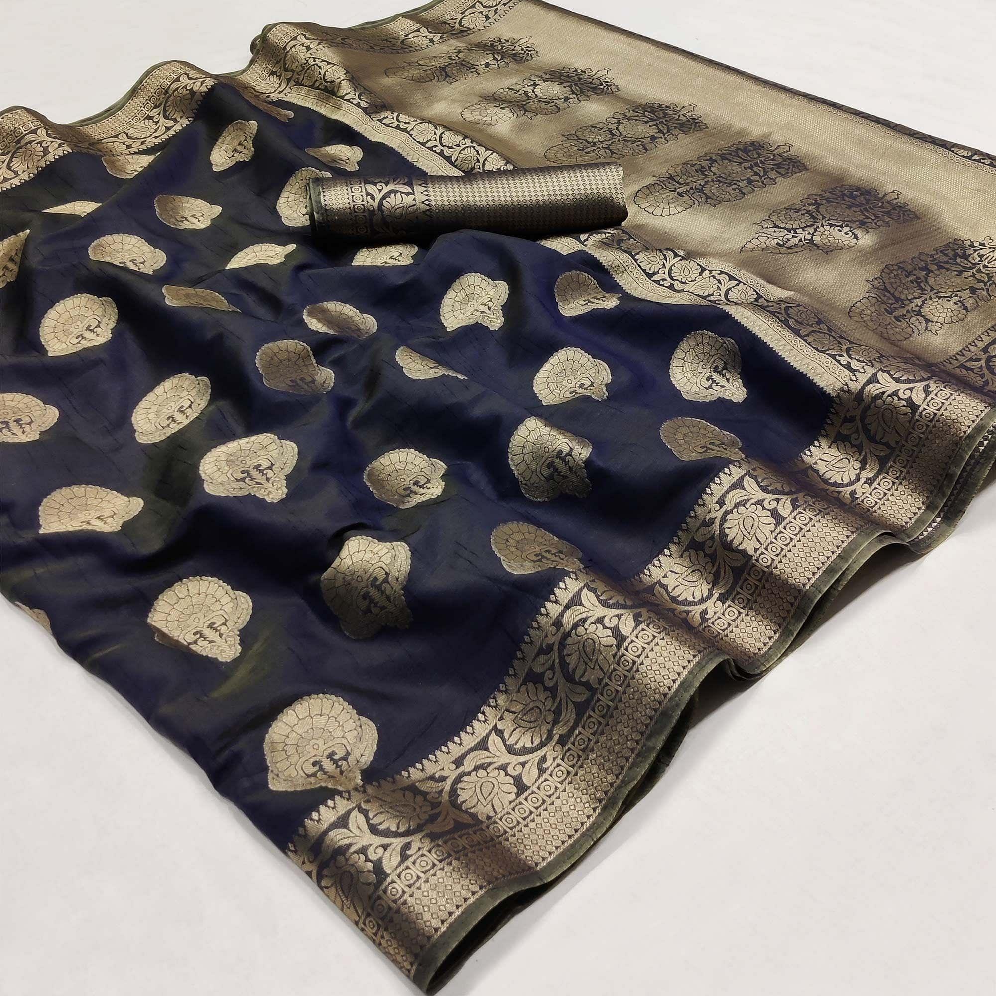Navy Blue Festive Wear Woven Raw Silk Saree - Peachmode
