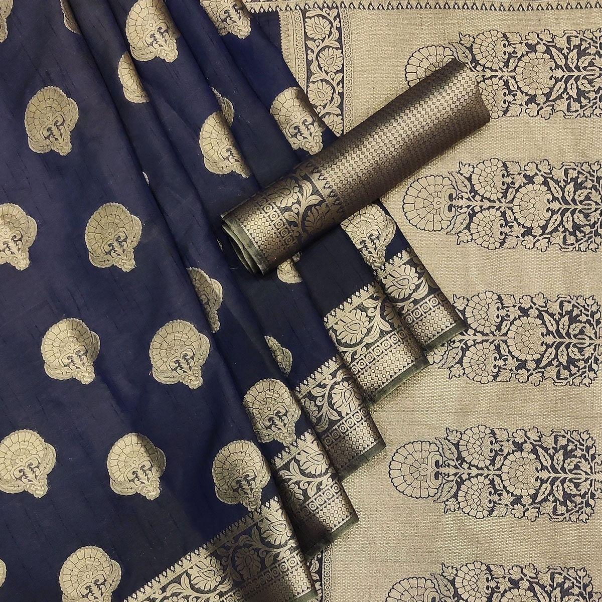 Navy Blue Festive Wear Woven Raw Silk Saree - Peachmode
