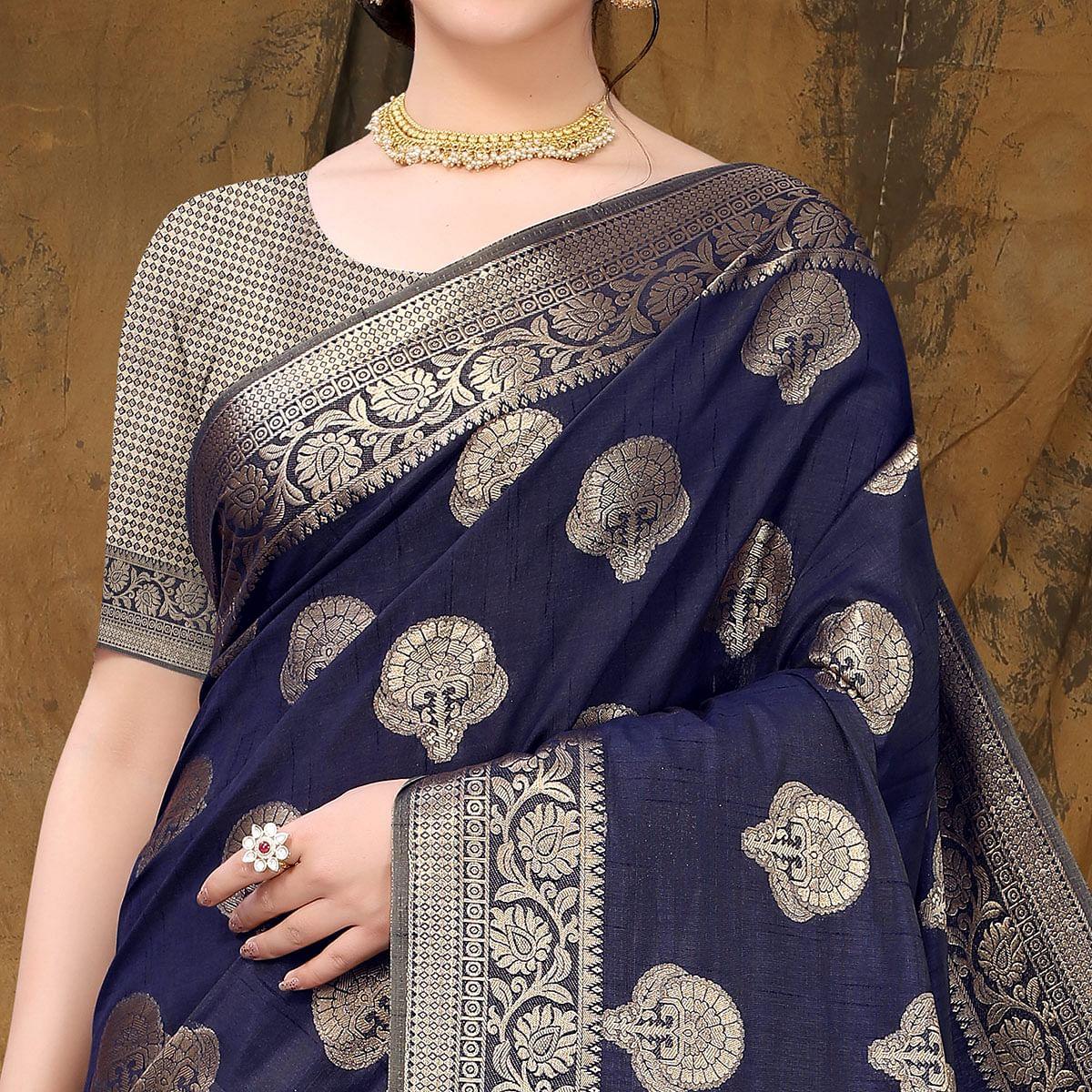 Navy Blue Festive Wear Woven Raw Silk Saree - Peachmode