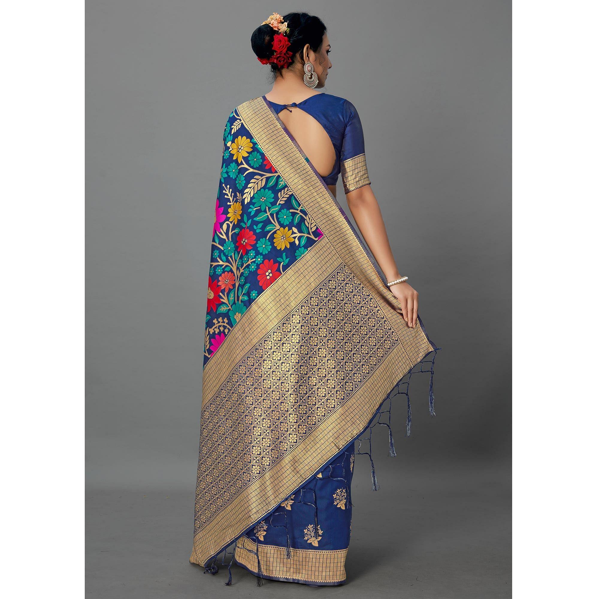 Navy Blue Festive Wear Woven Silk Blend
 Saree - Peachmode