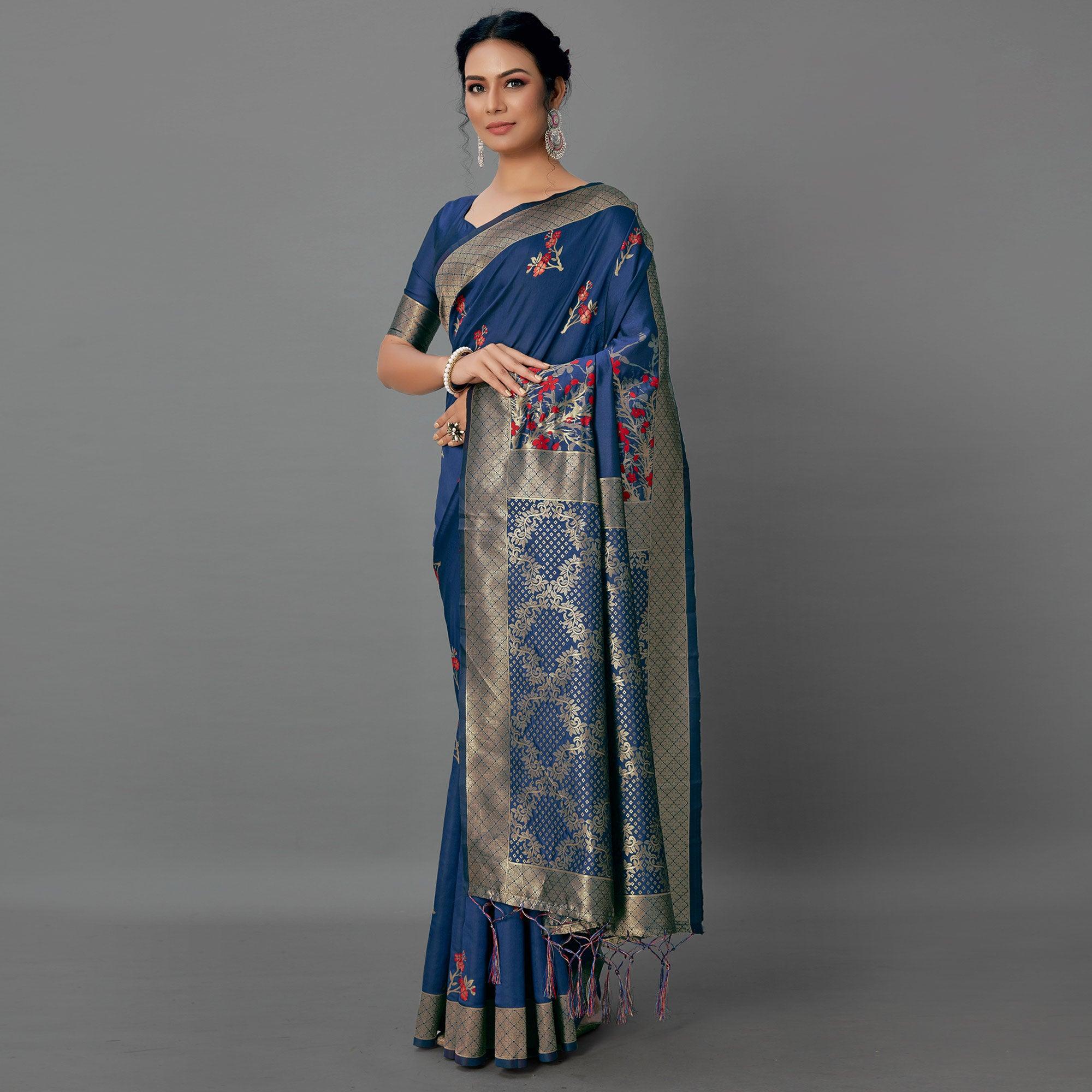 Navy Blue Festive Wear Woven Silk Blend  Saree - Peachmode