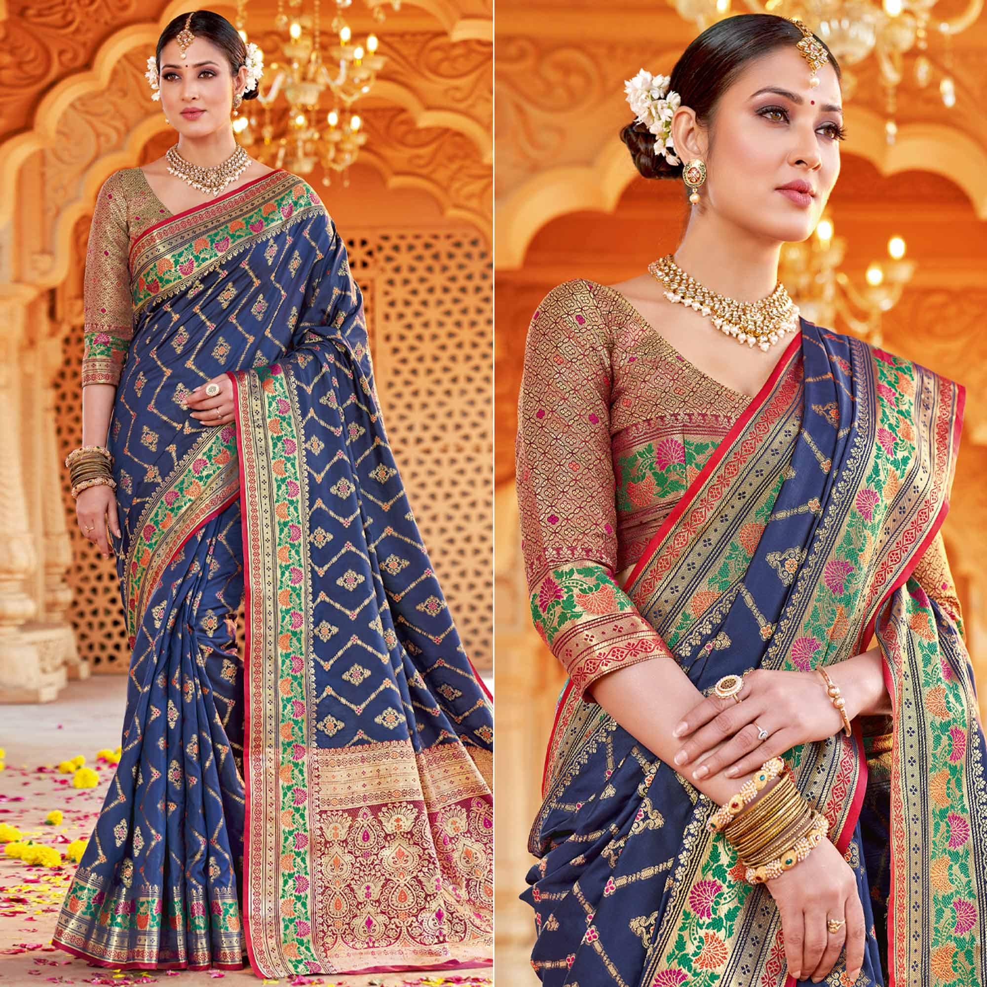 Navy Blue Festive Wear Woven Silk Saree - Peachmode