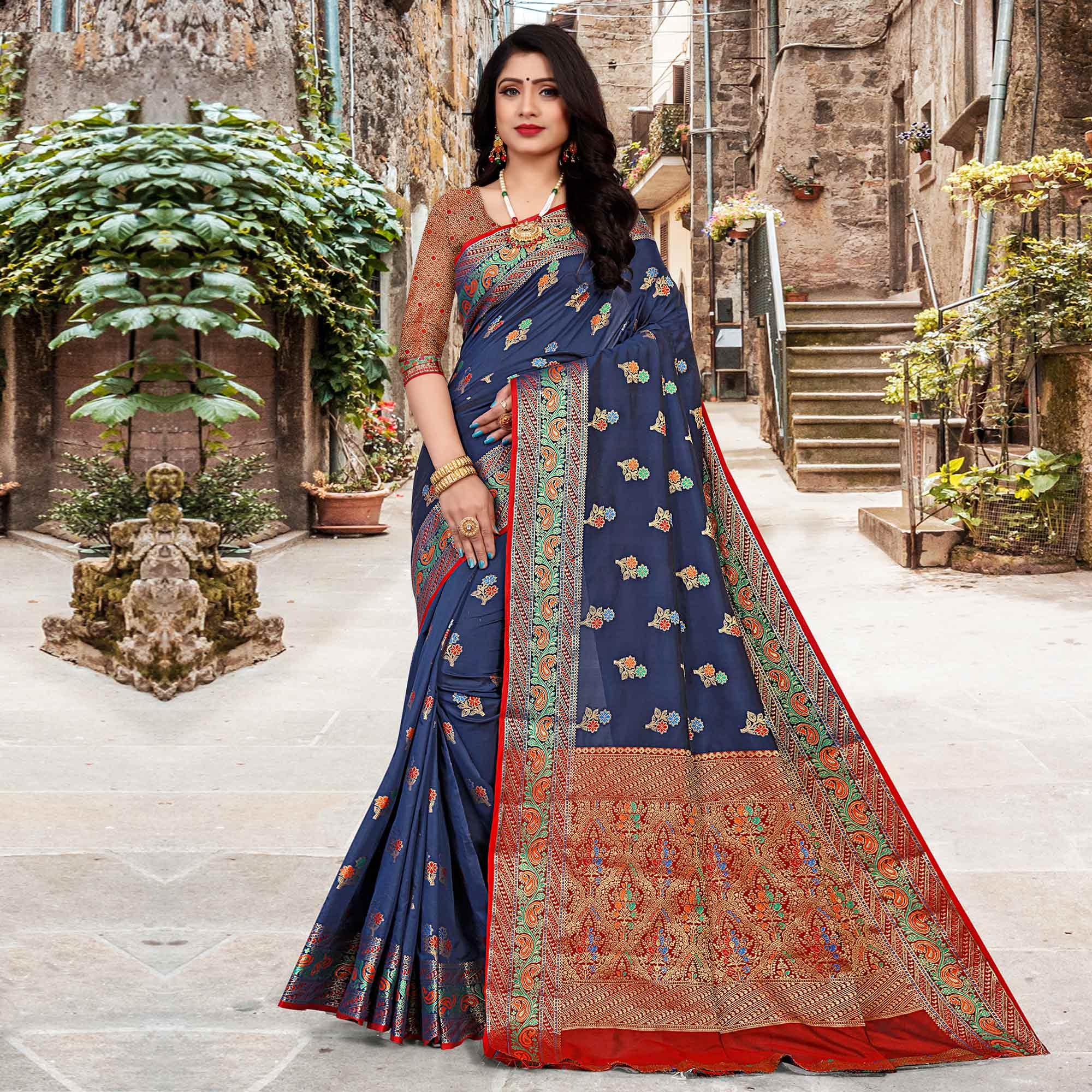 Navy Blue Festive Wear Woven Silk Saree - Peachmode