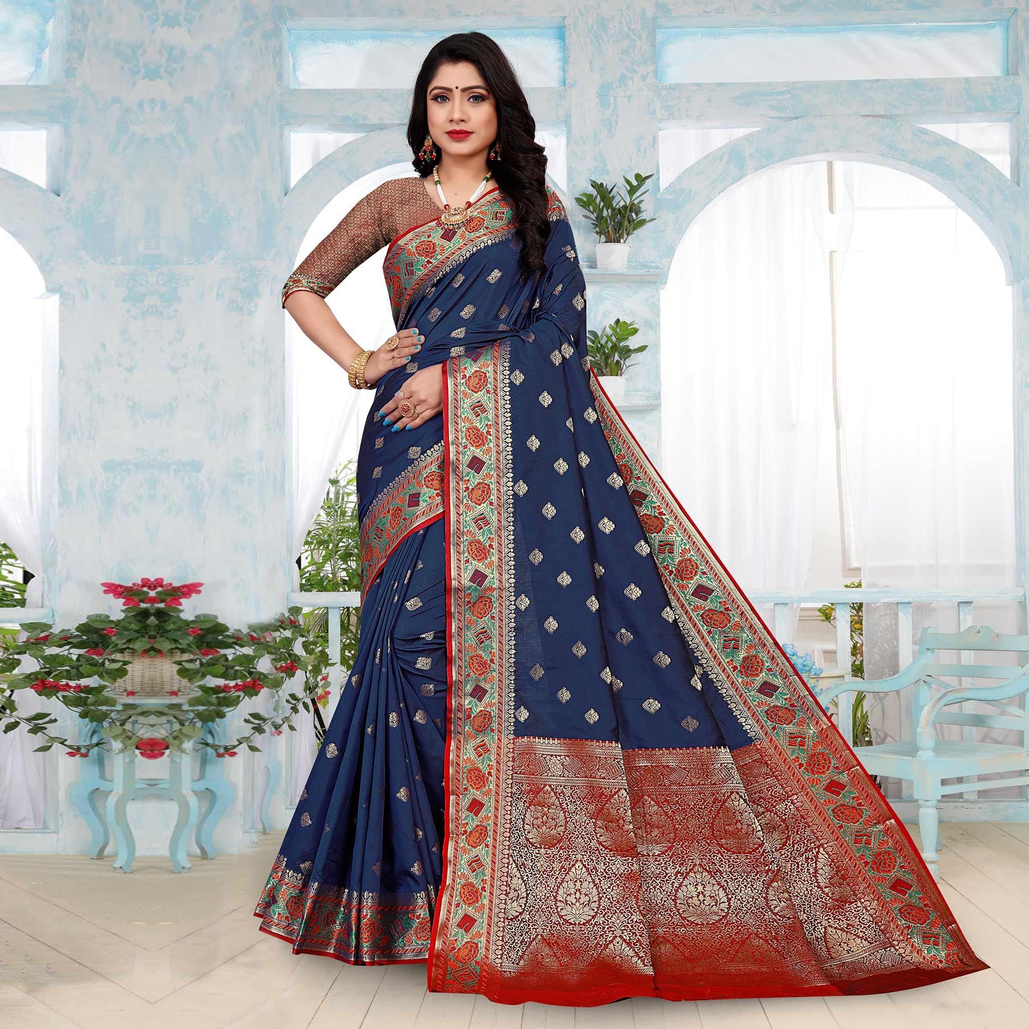 Navy Blue Festive Wear Woven Silk Saree - Peachmode