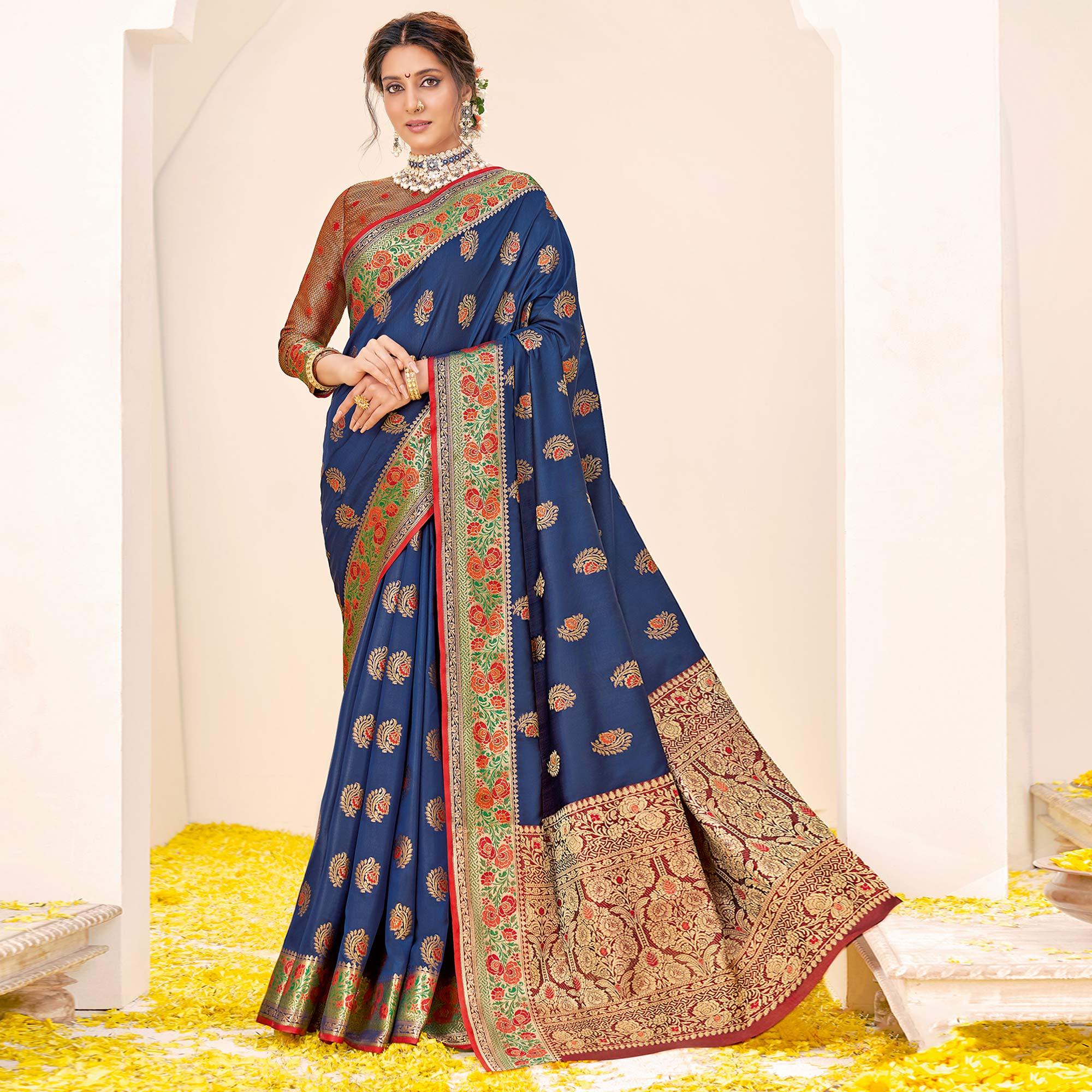 Navy Blue Festive Wear Woven Silk Saree - Peachmode