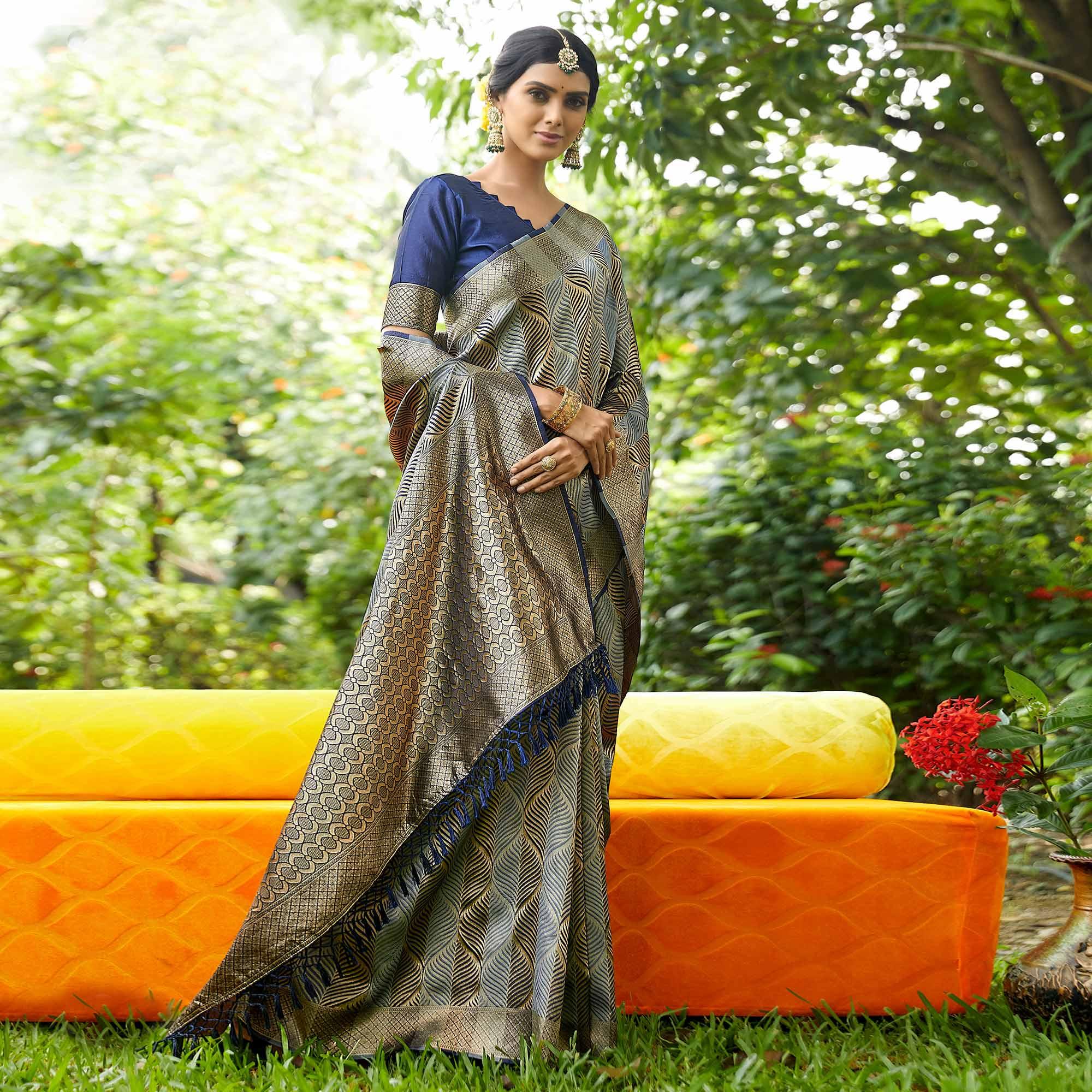 Navy Blue Festive Wear Woven Silk Saree - Peachmode