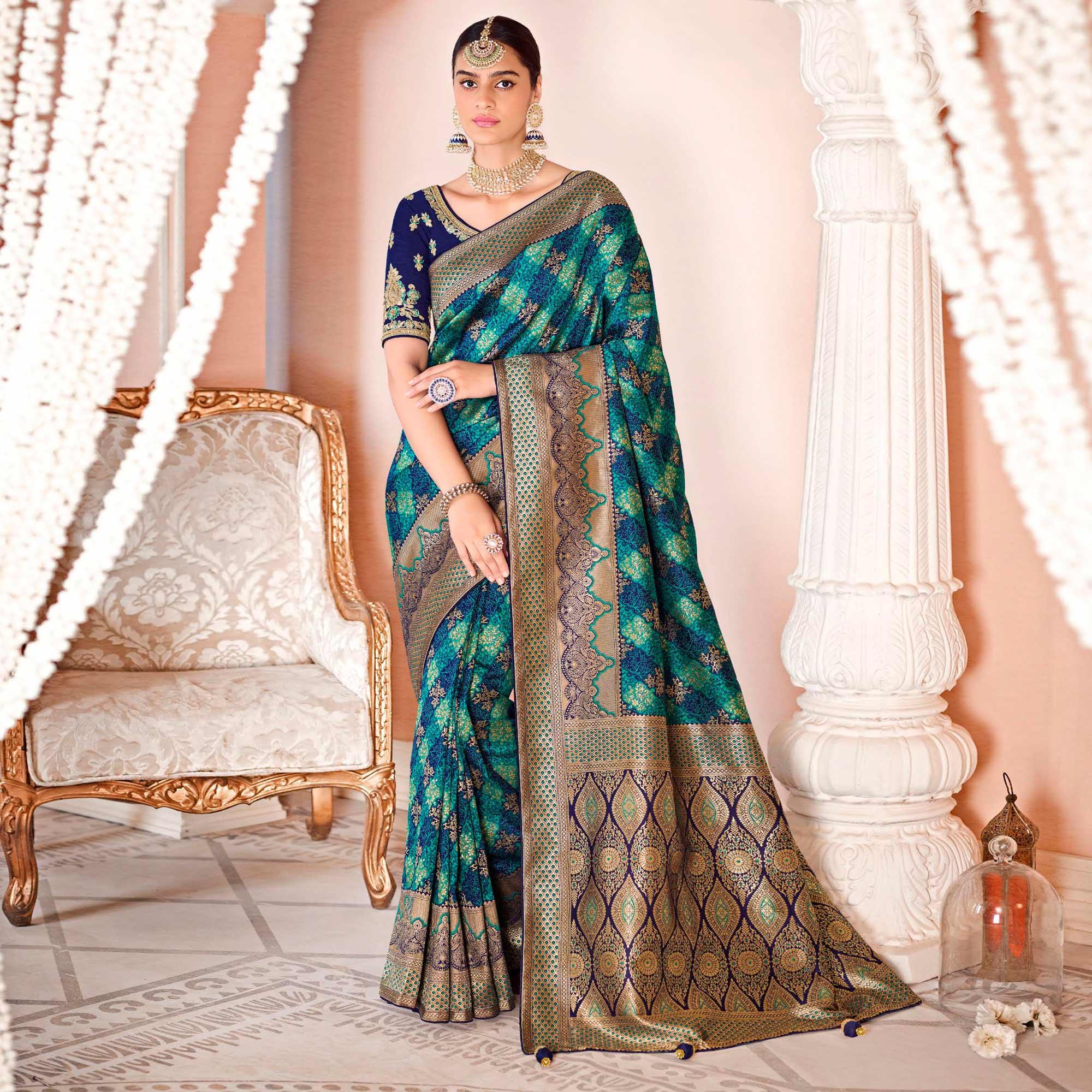 Navy Blue Festive Wear Woven Silk Saree - Peachmode