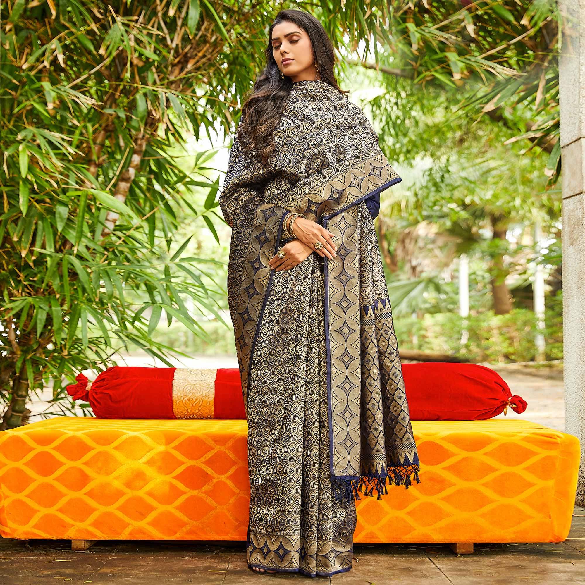 Navy Blue Festive Wear Woven Silk Saree - Peachmode