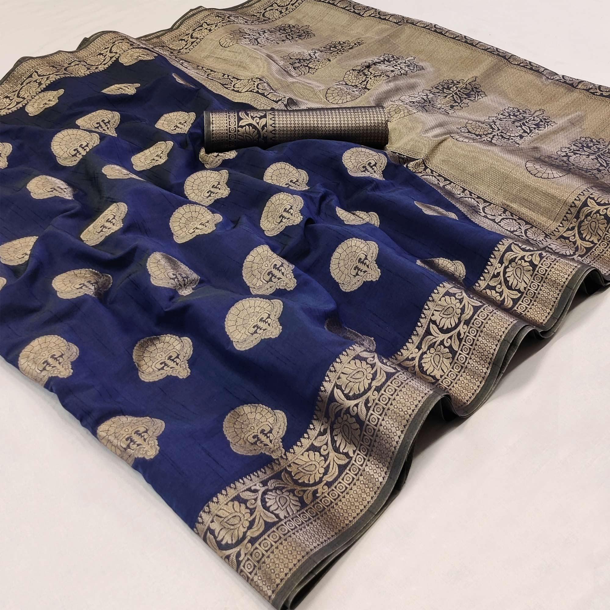 Navy Blue Festive Wear Woven Silk Saree - Peachmode