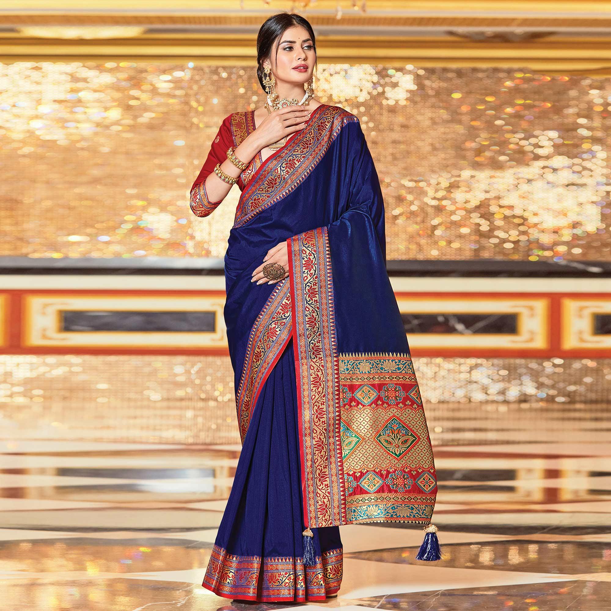 Navy Blue Festive Wear Woven Silk Saree - Peachmode