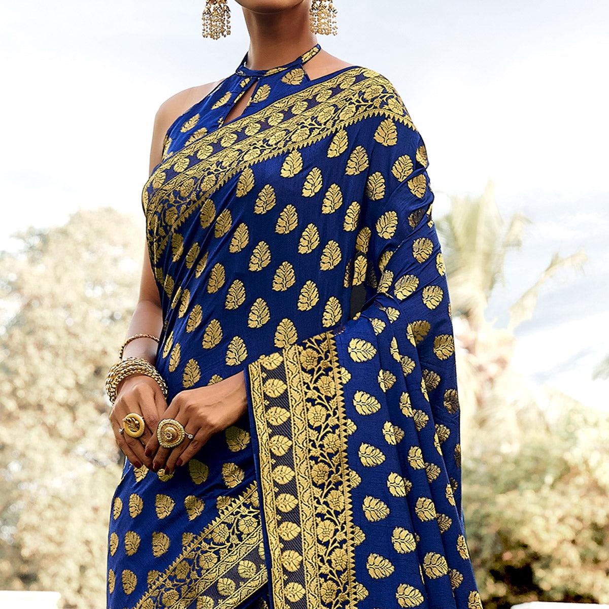 Navy Blue Festive Wear Woven Silk Saree - Peachmode