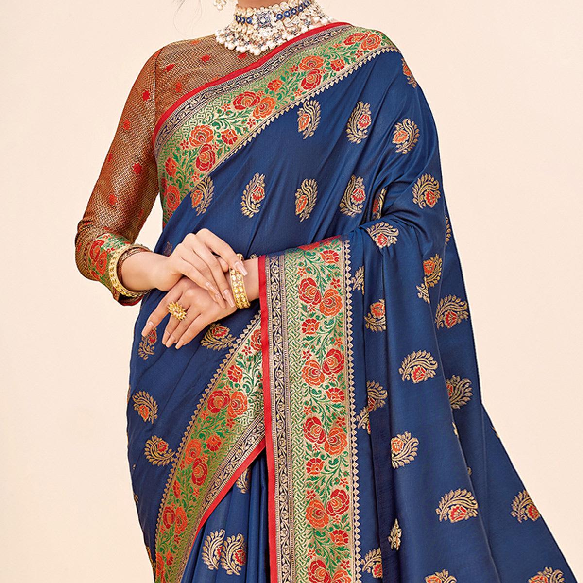 Navy Blue Festive Wear Woven Silk Saree - Peachmode