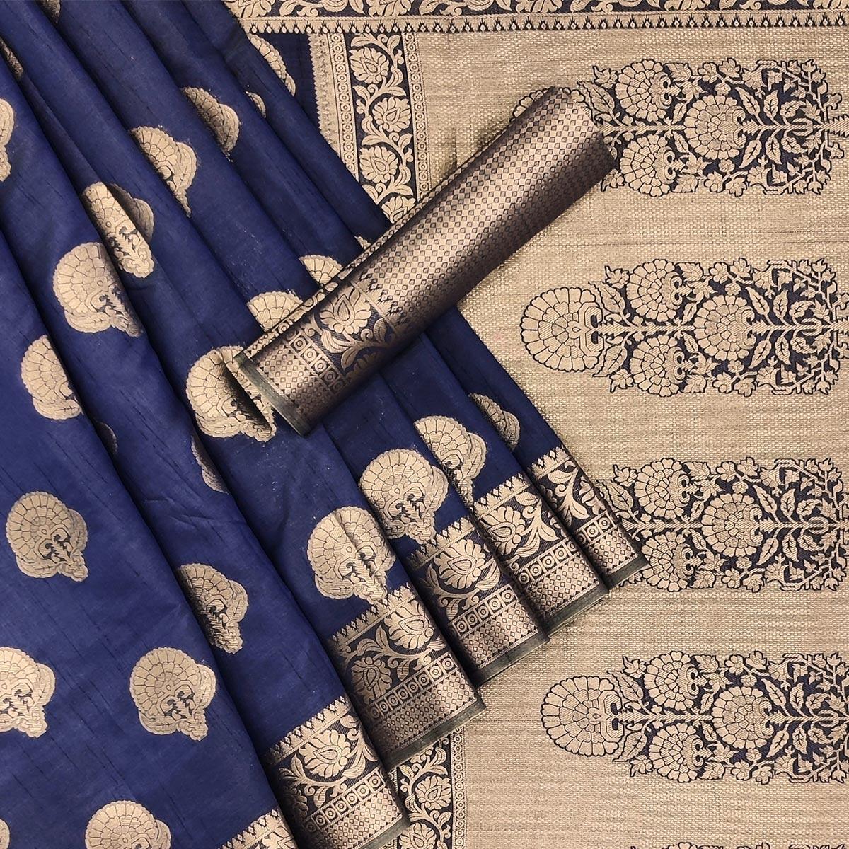 Navy Blue Festive Wear Woven Silk Saree - Peachmode