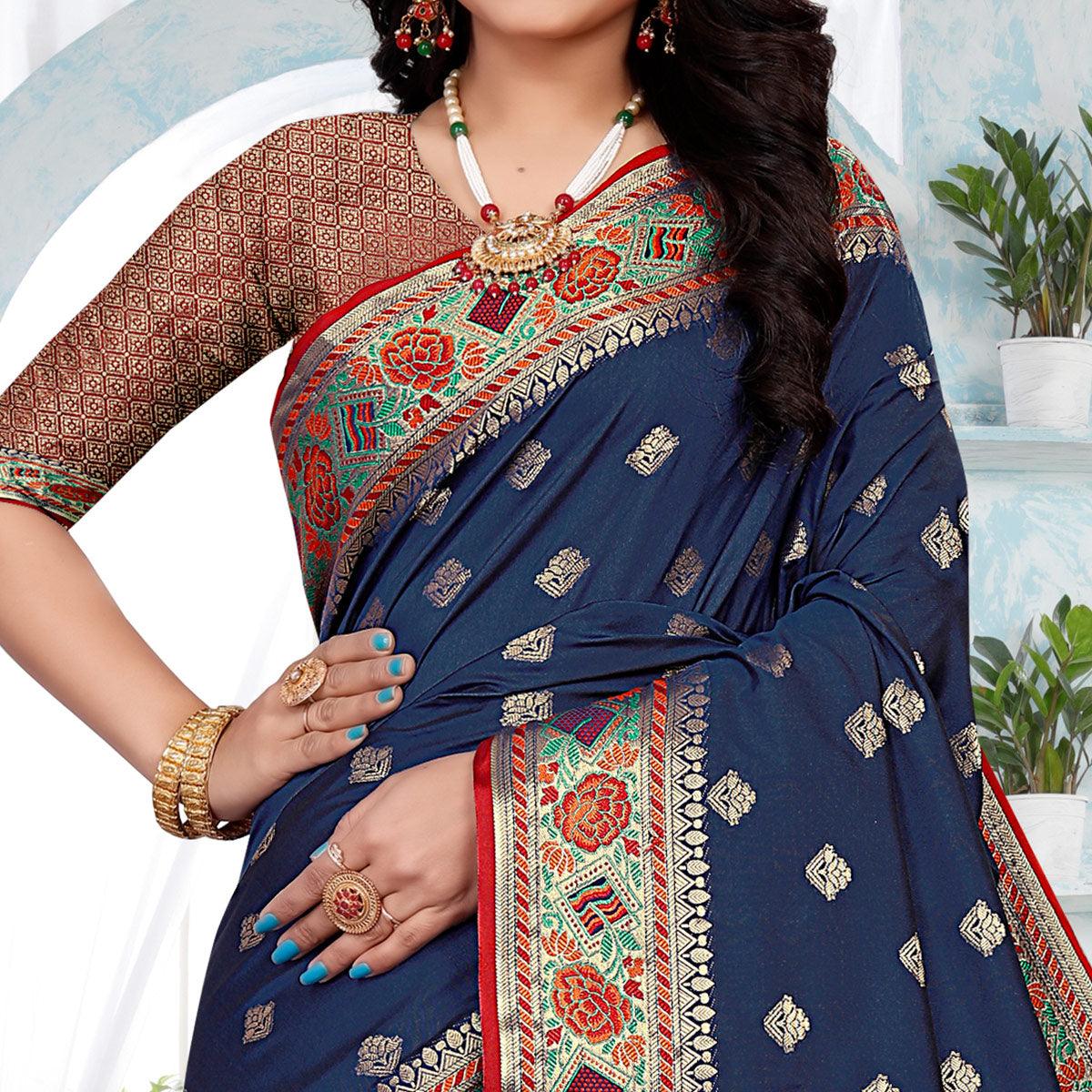 Navy Blue Festive Wear Woven Silk Saree - Peachmode
