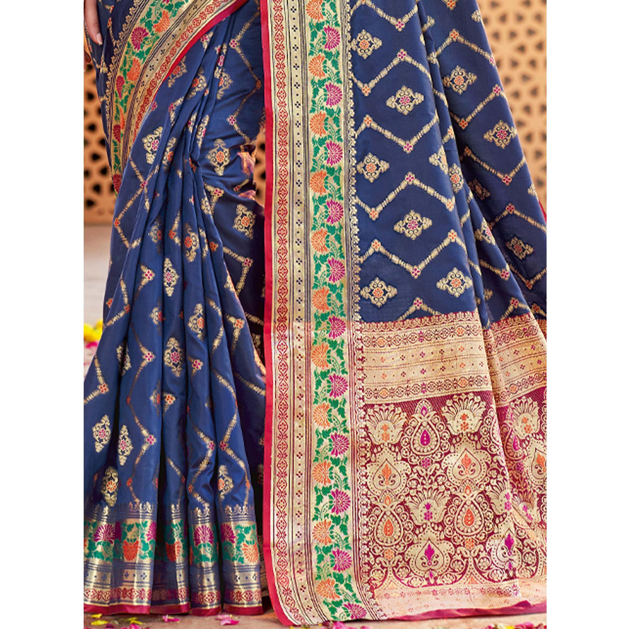 Navy Blue Festive Wear Woven Silk Saree - Peachmode