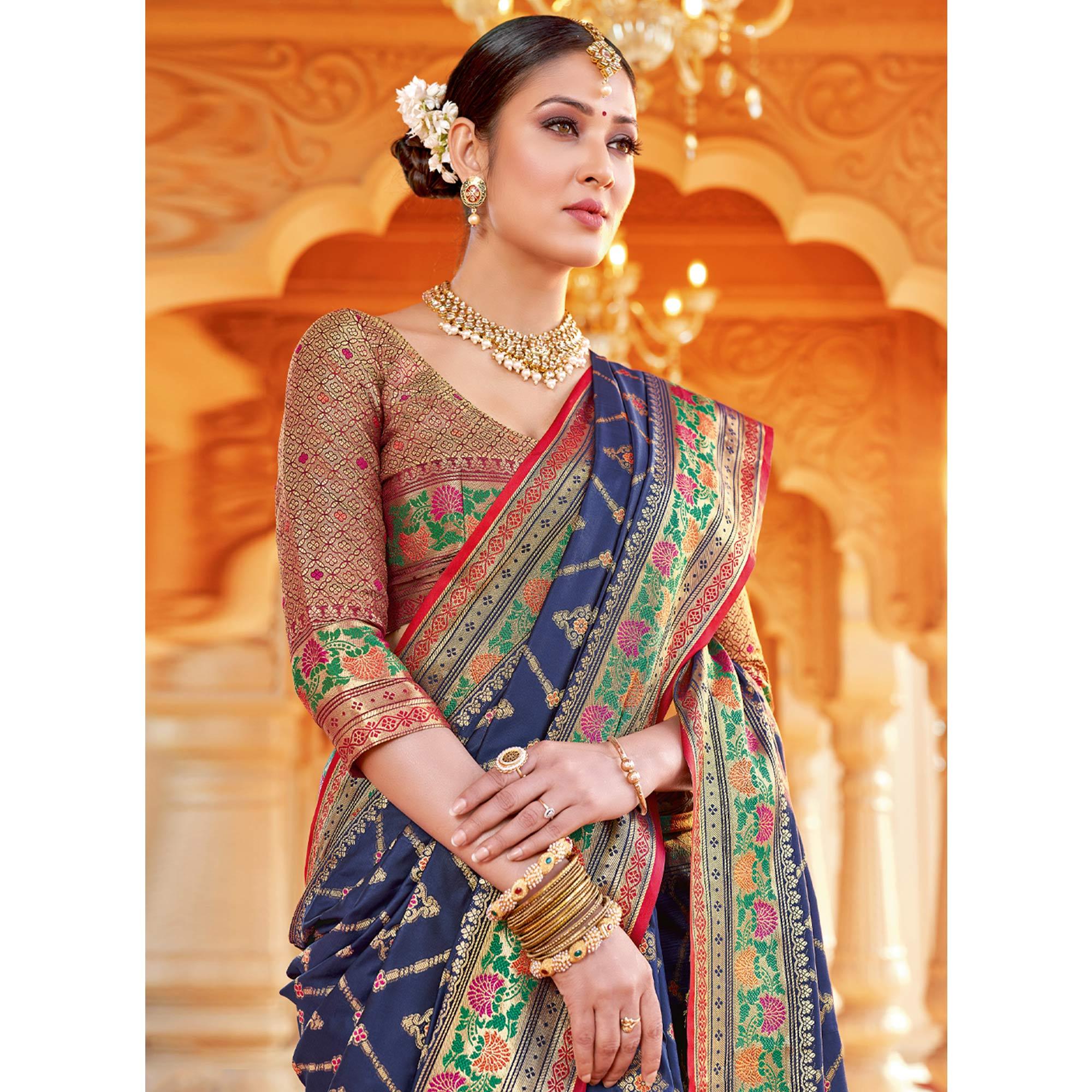 Navy Blue Festive Wear Woven Silk Saree - Peachmode