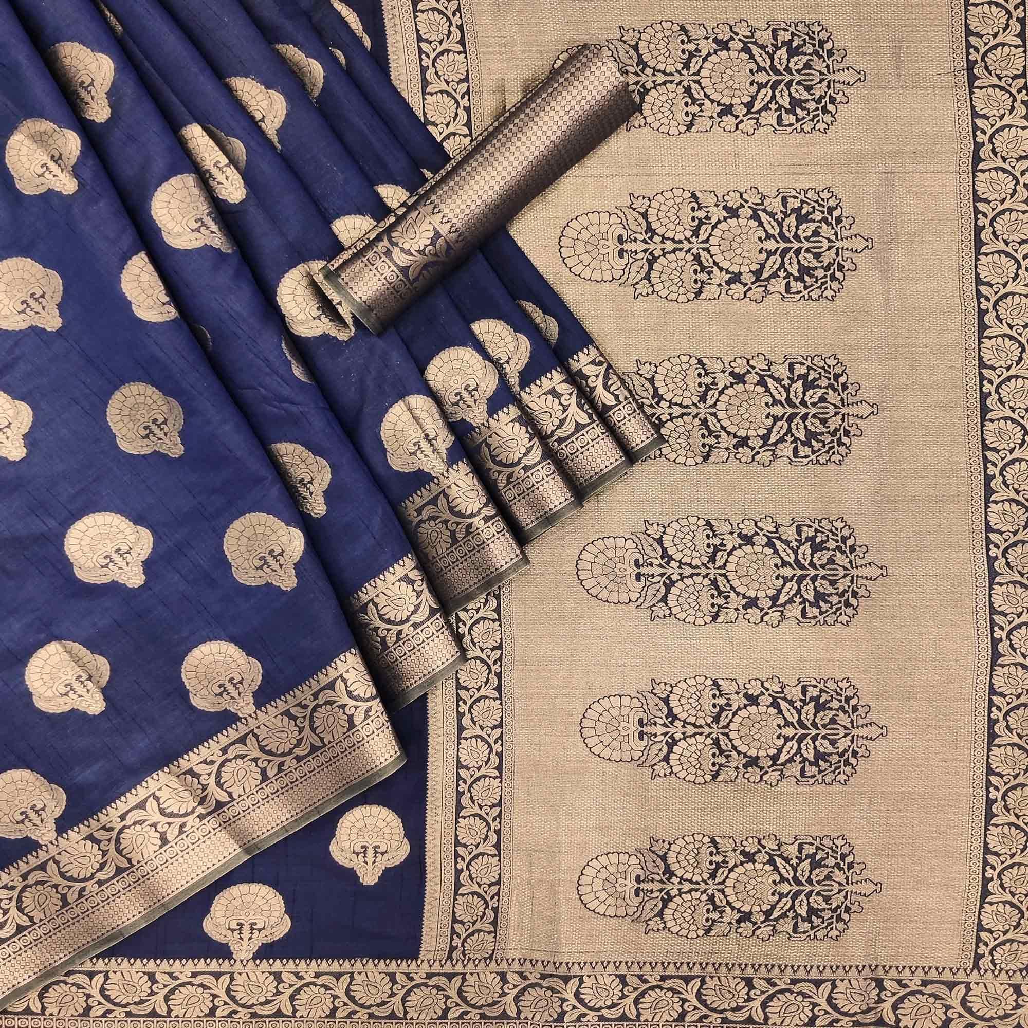 Navy Blue Festive Wear Woven Silk Saree - Peachmode