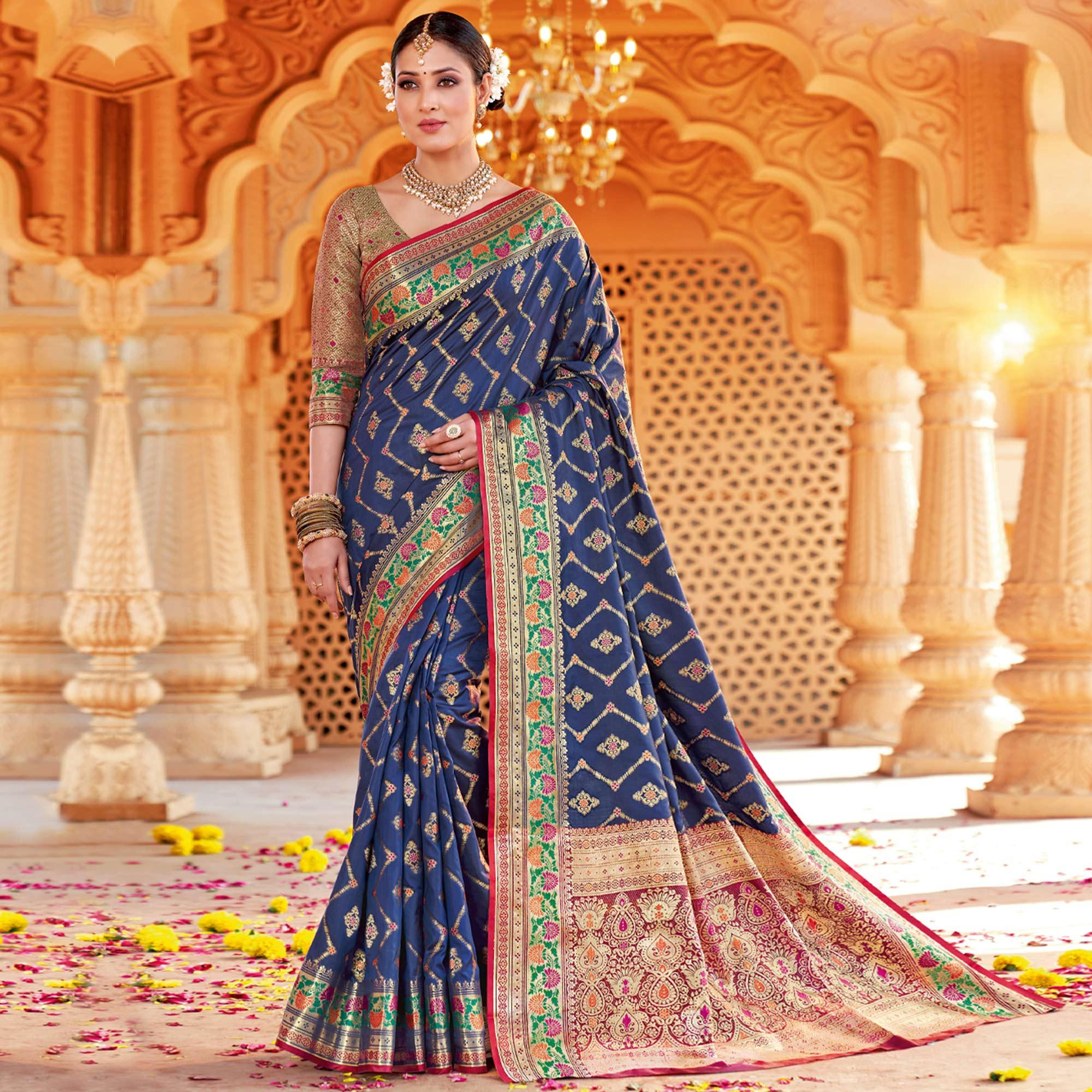 Navy Blue Festive Wear Woven Silk Saree - Peachmode