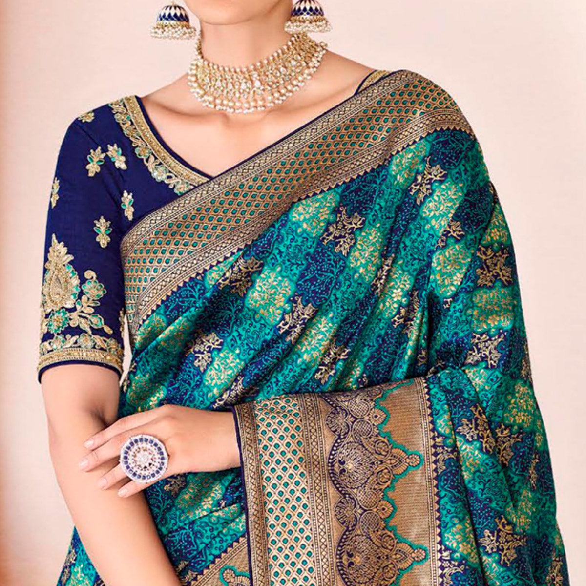 Navy Blue Festive Wear Woven Silk Saree - Peachmode