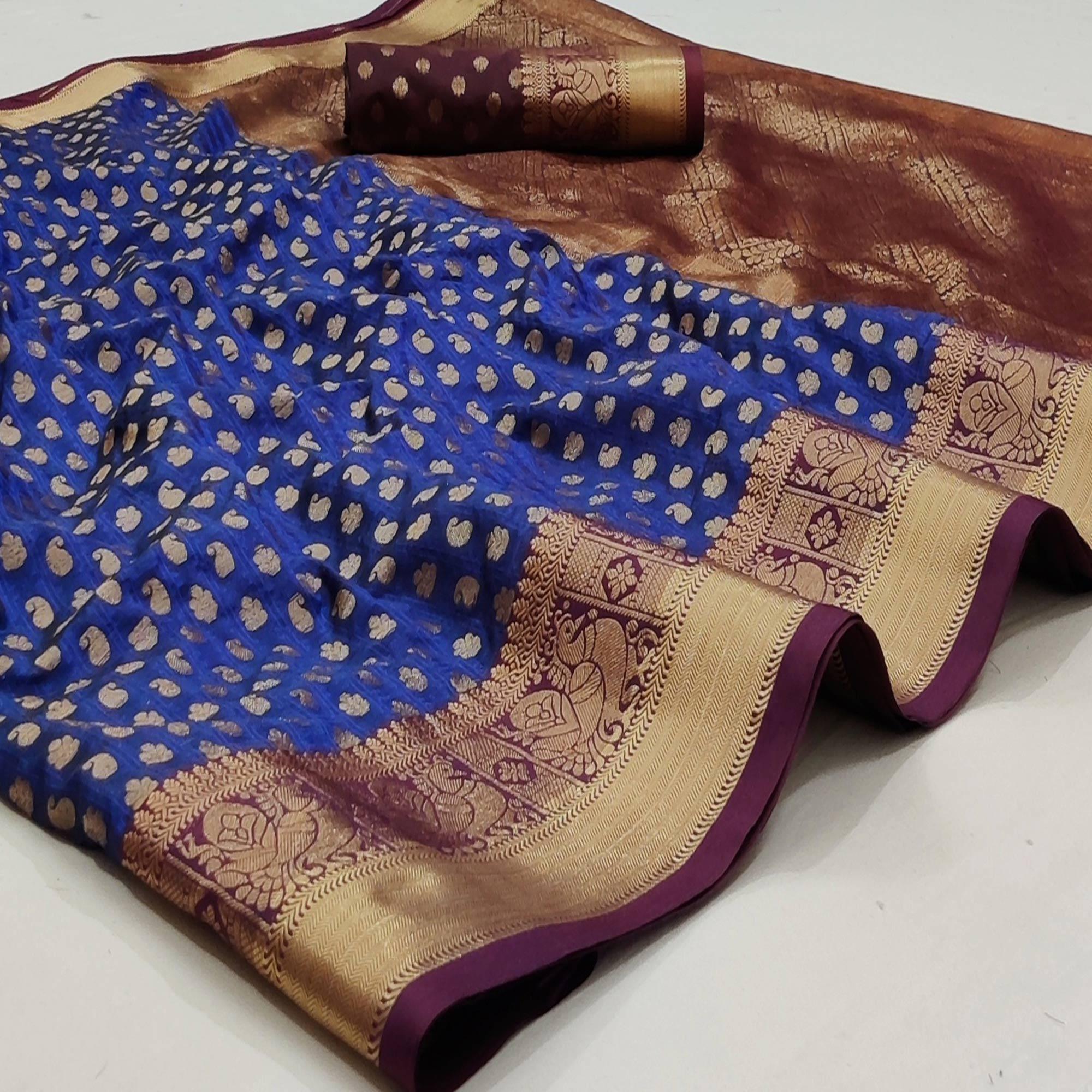 Navy Blue Festive Wear Woven Silk Saree With Jacquard Border - Peachmode