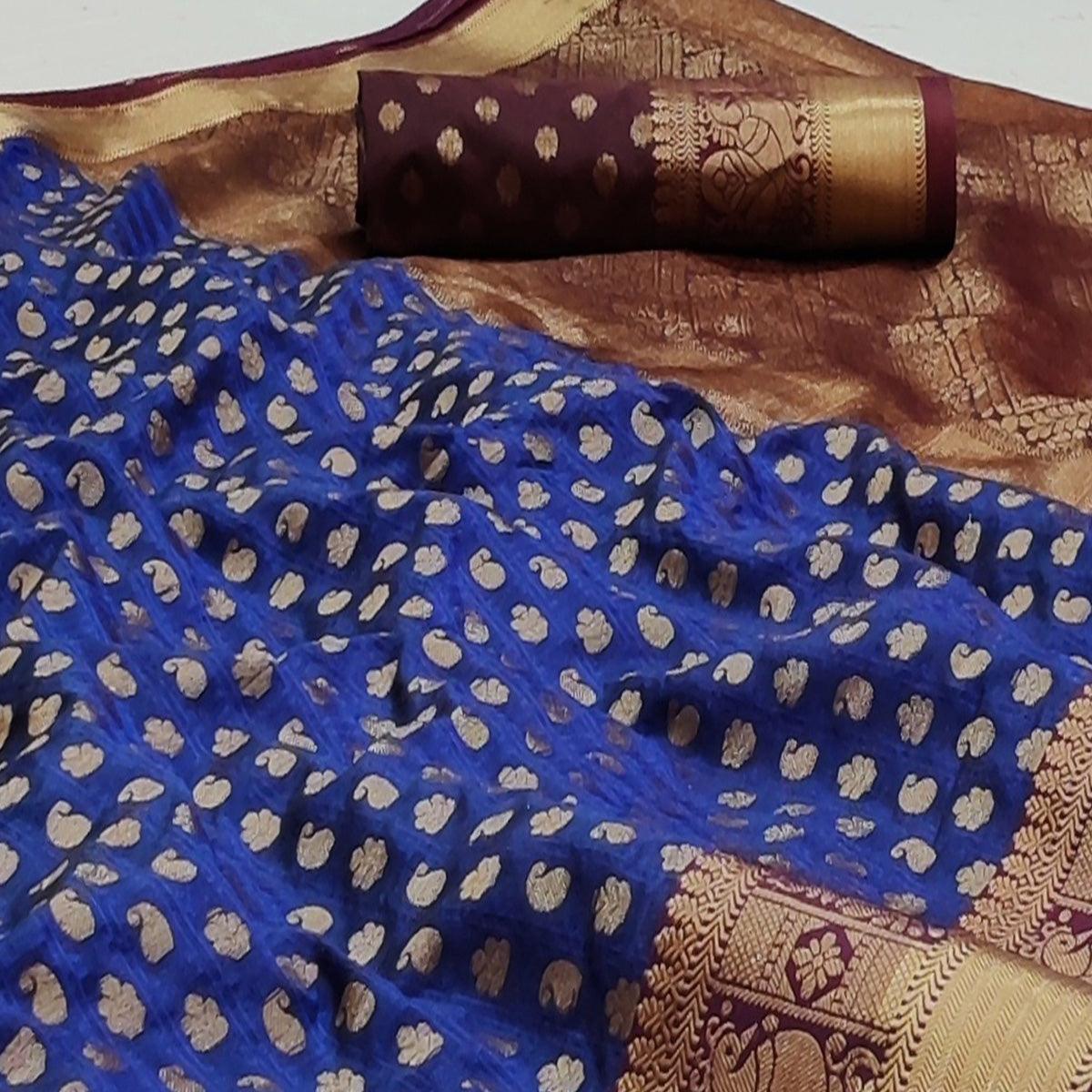 Navy Blue Festive Wear Woven Silk Saree With Jacquard Border - Peachmode