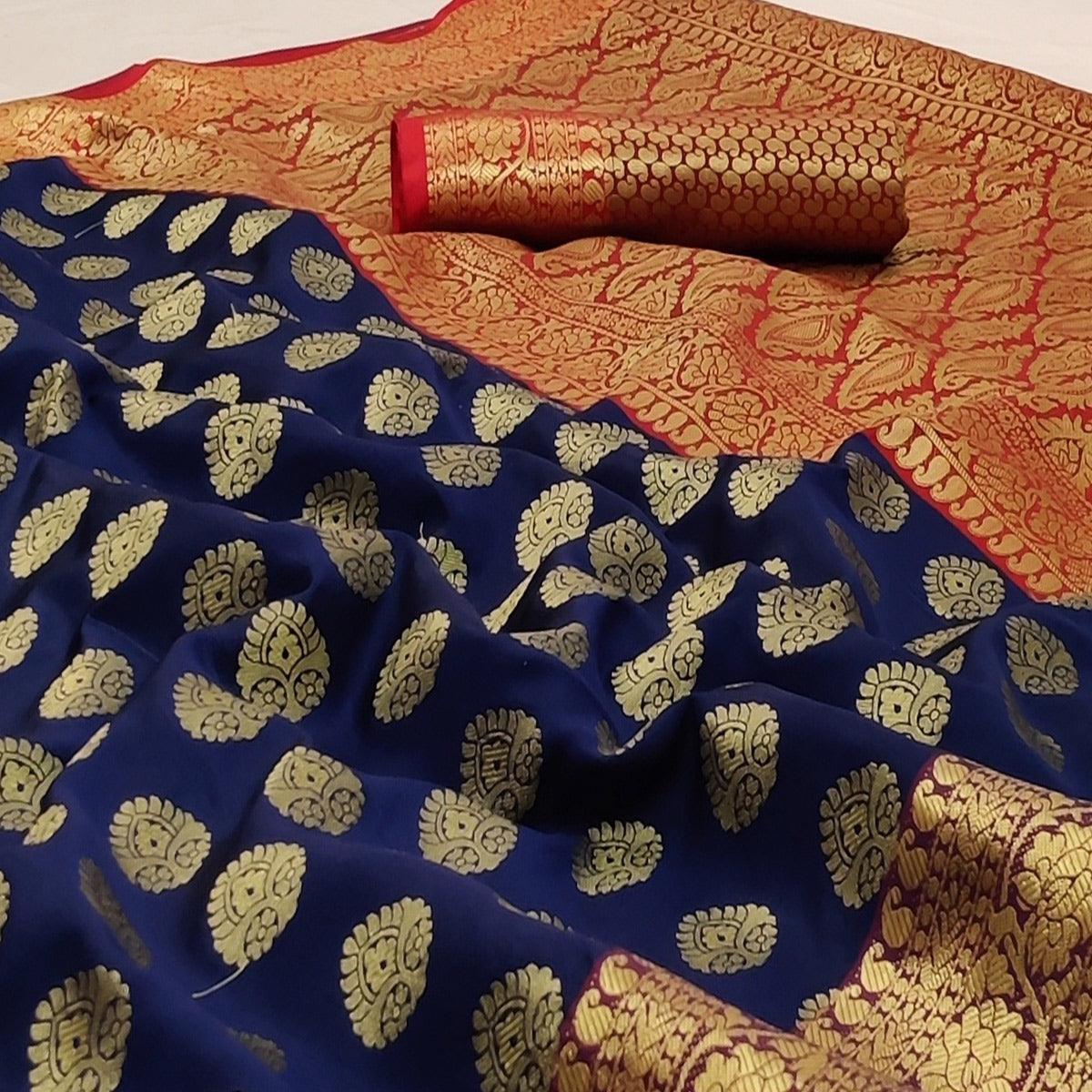 Navy Blue Festive Wear Woven Silk Saree With Rich Pallu - Peachmode
