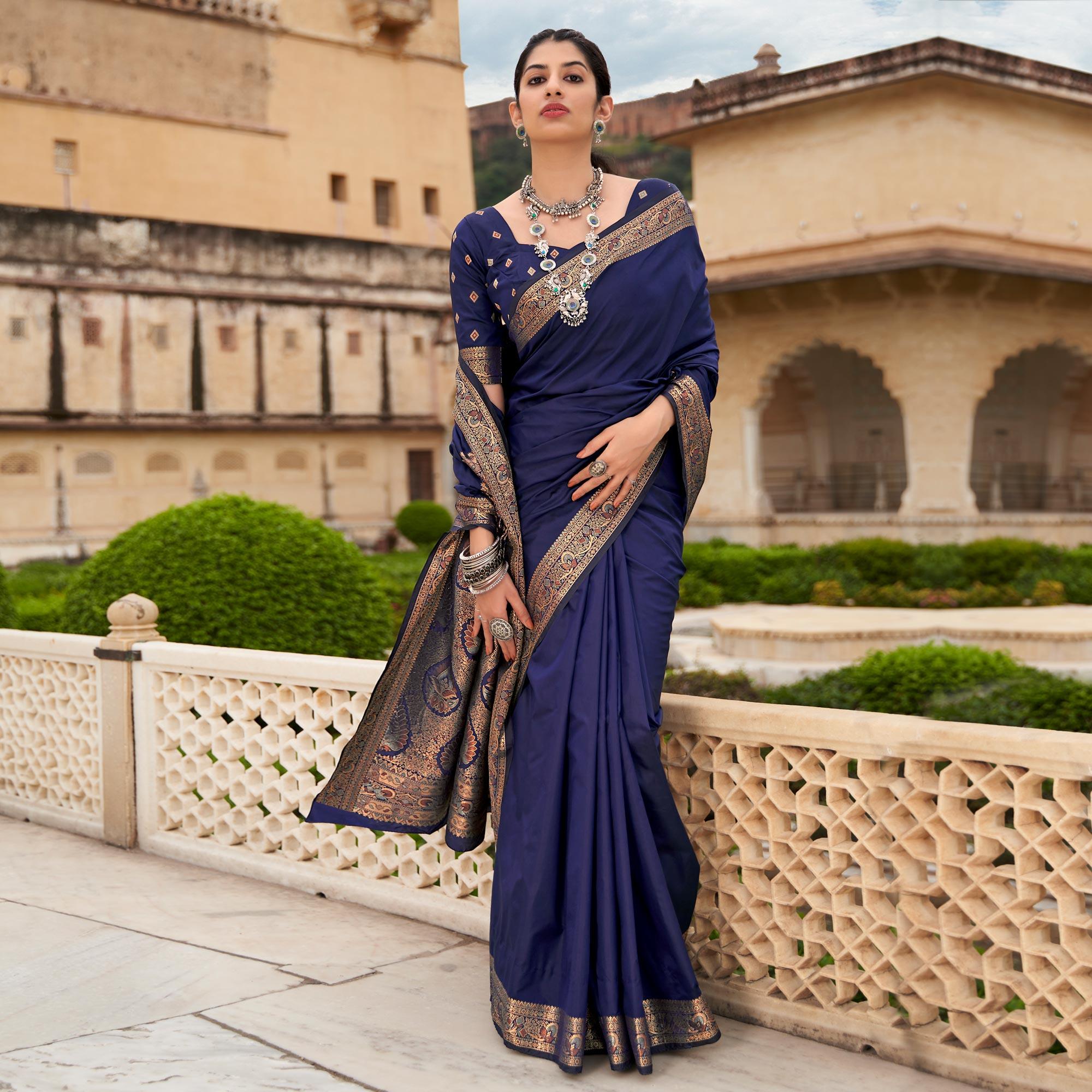 Navy Blue Festive Wear Woven Soft Banarasi Silk Saree - Peachmode
