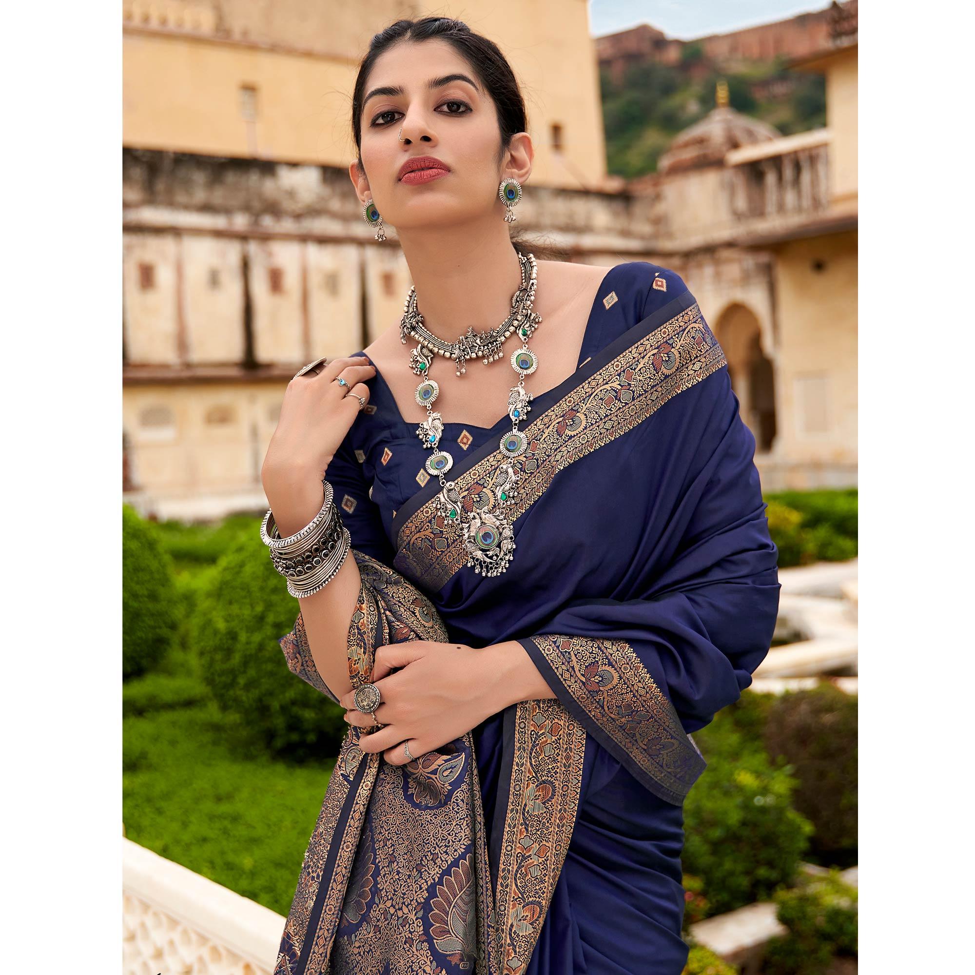 Navy Blue Festive Wear Woven Soft Banarasi Silk Saree - Peachmode