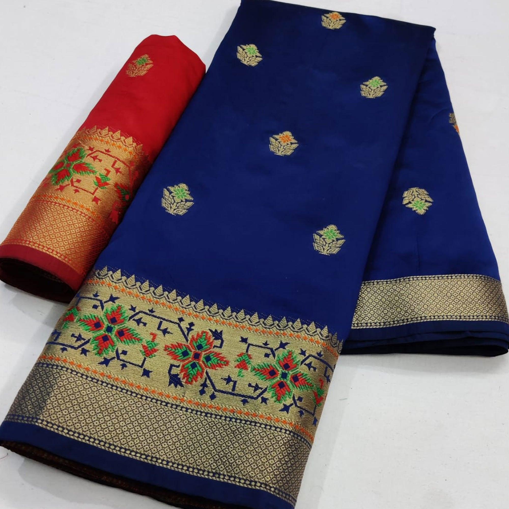 Navy Blue Festive Wear Woven Soft Silk Saree - Peachmode