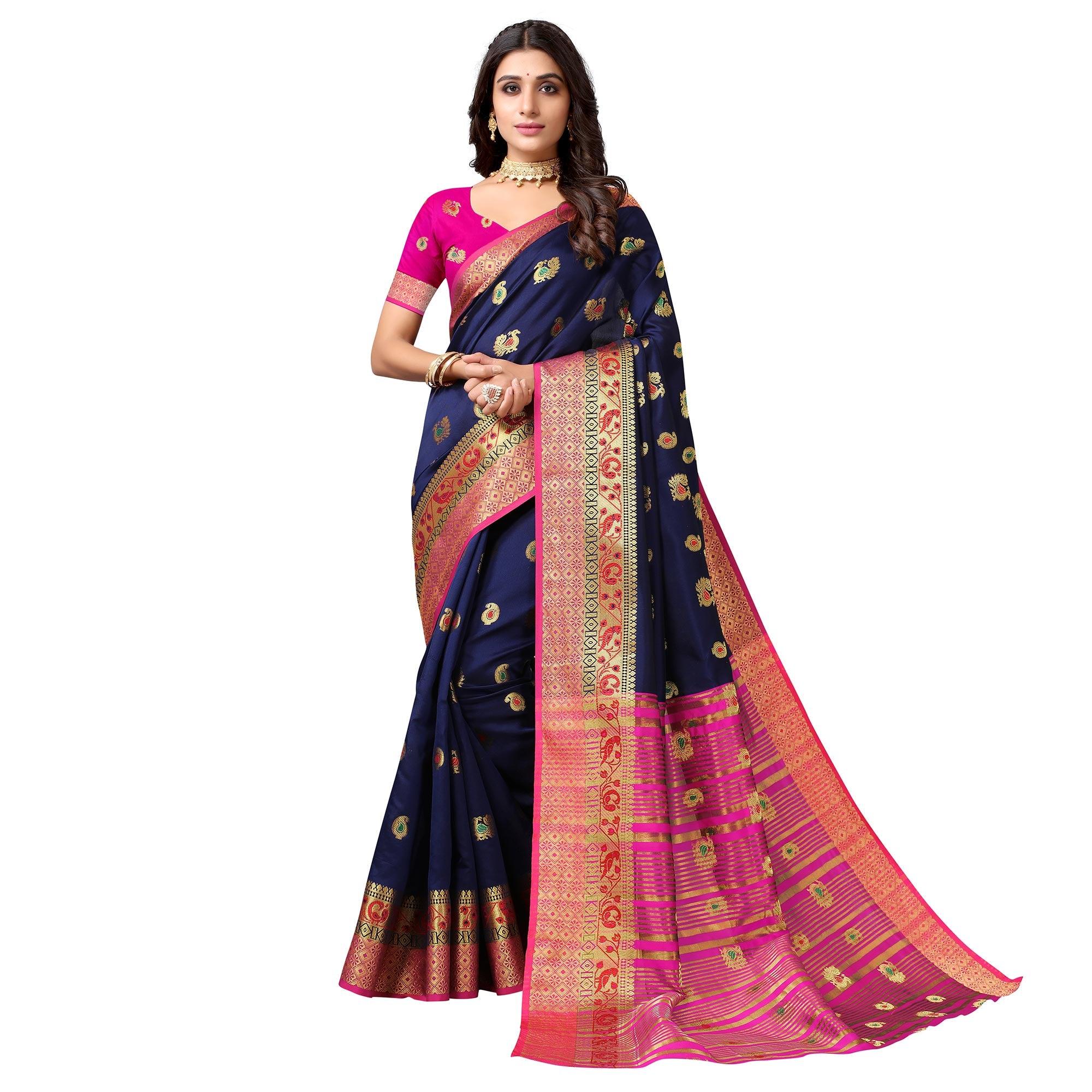 Navy Blue Festive Wear Woven Soft Silk Saree With Jacquard Border - Peachmode