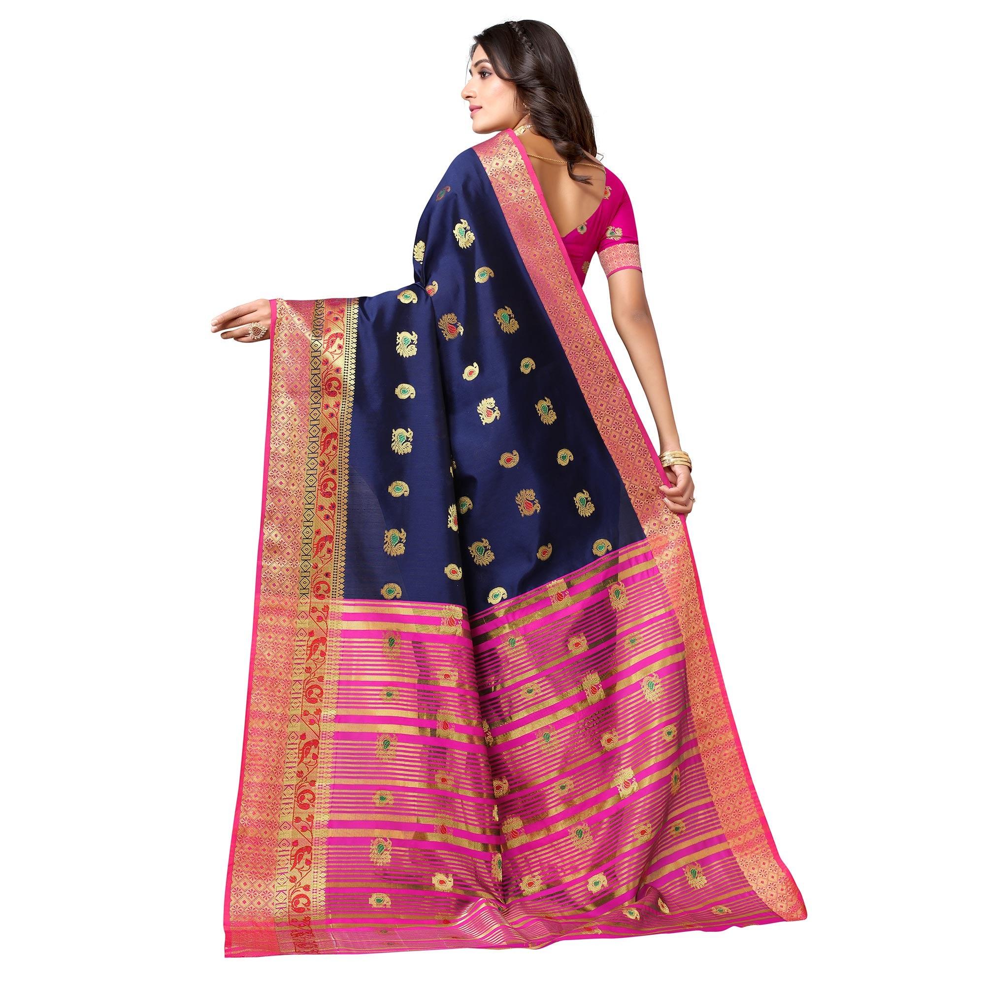 Navy Blue Festive Wear Woven Soft Silk Saree With Jacquard Border - Peachmode