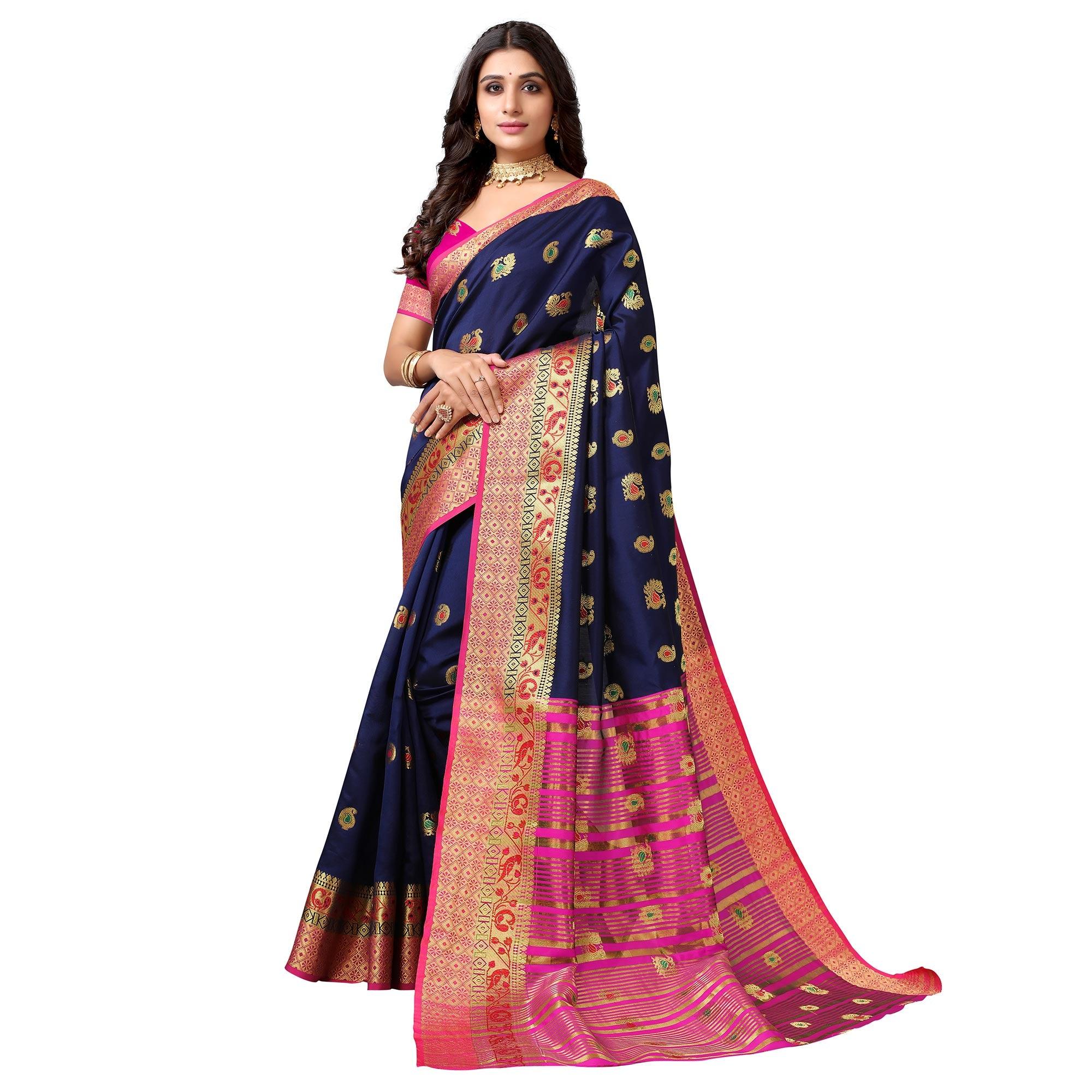Navy Blue Festive Wear Woven Soft Silk Saree With Jacquard Border - Peachmode