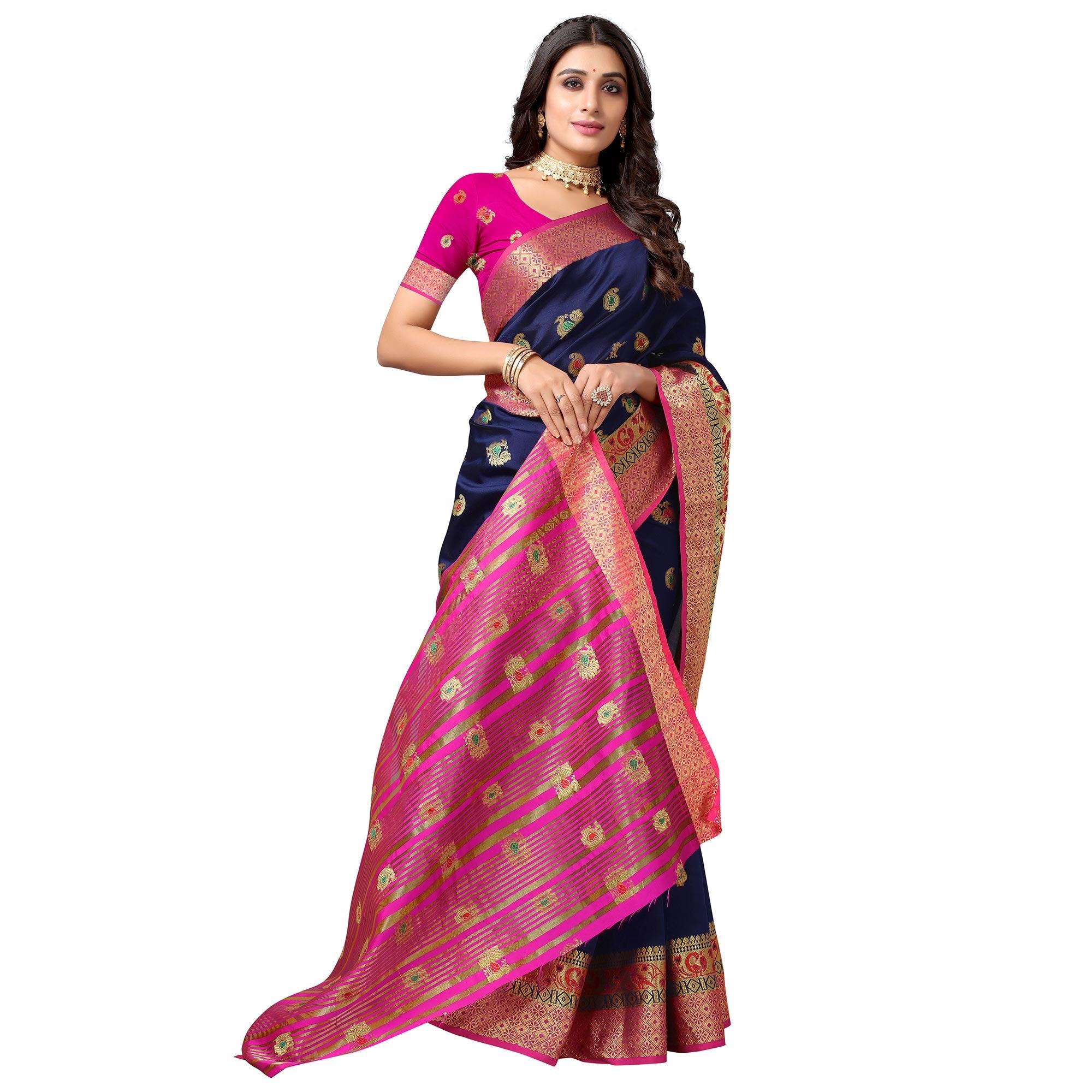 Navy Blue Festive Wear Woven Soft Silk Saree With Jacquard Border - Peachmode