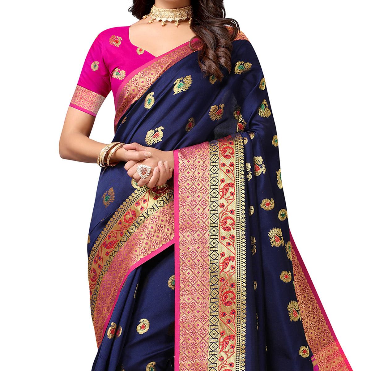 Navy Blue Festive Wear Woven Soft Silk Saree With Jacquard Border - Peachmode
