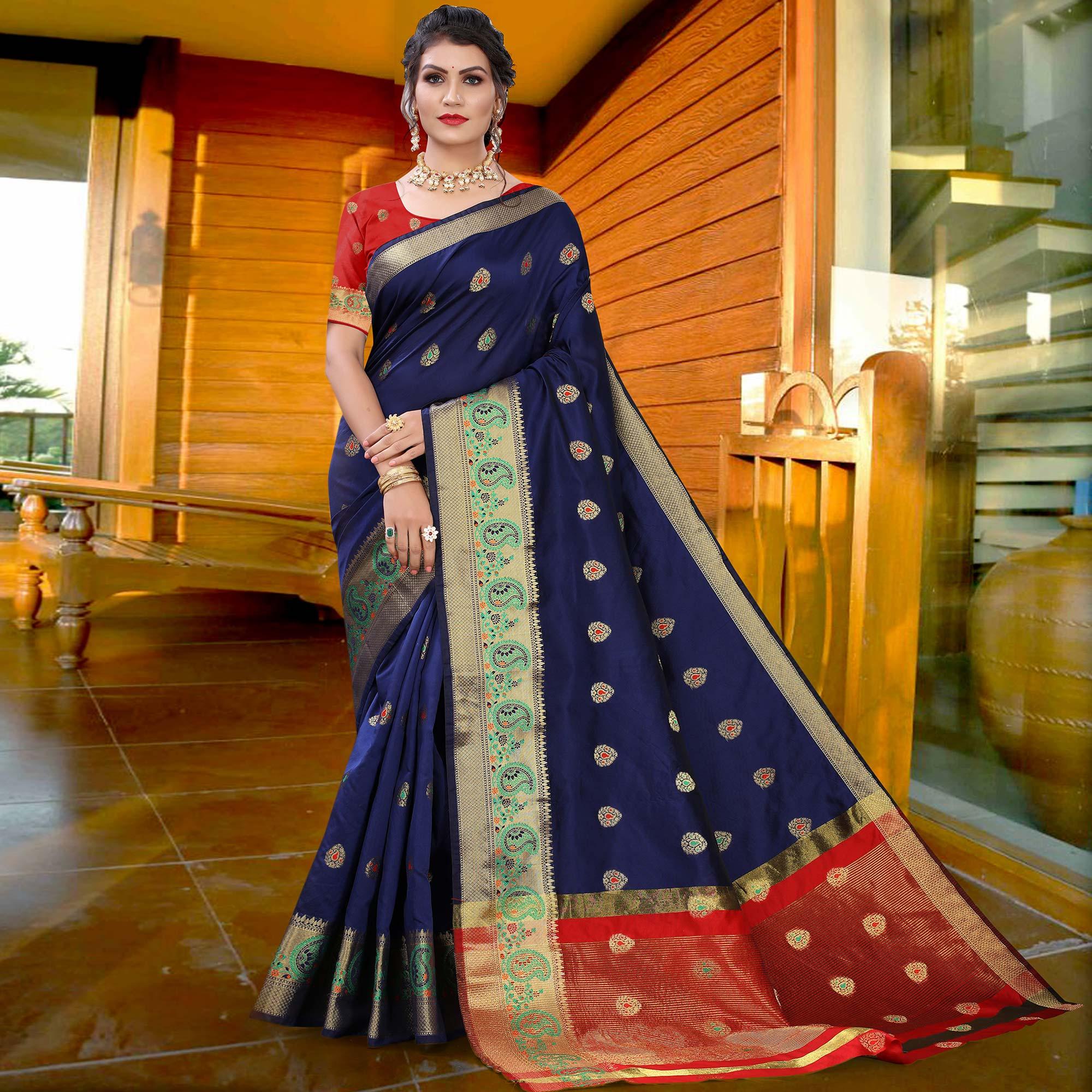 Navy Blue Festive Wear Woven With Meena Butta Lining Pallu Soft Silk Saree - Peachmode
