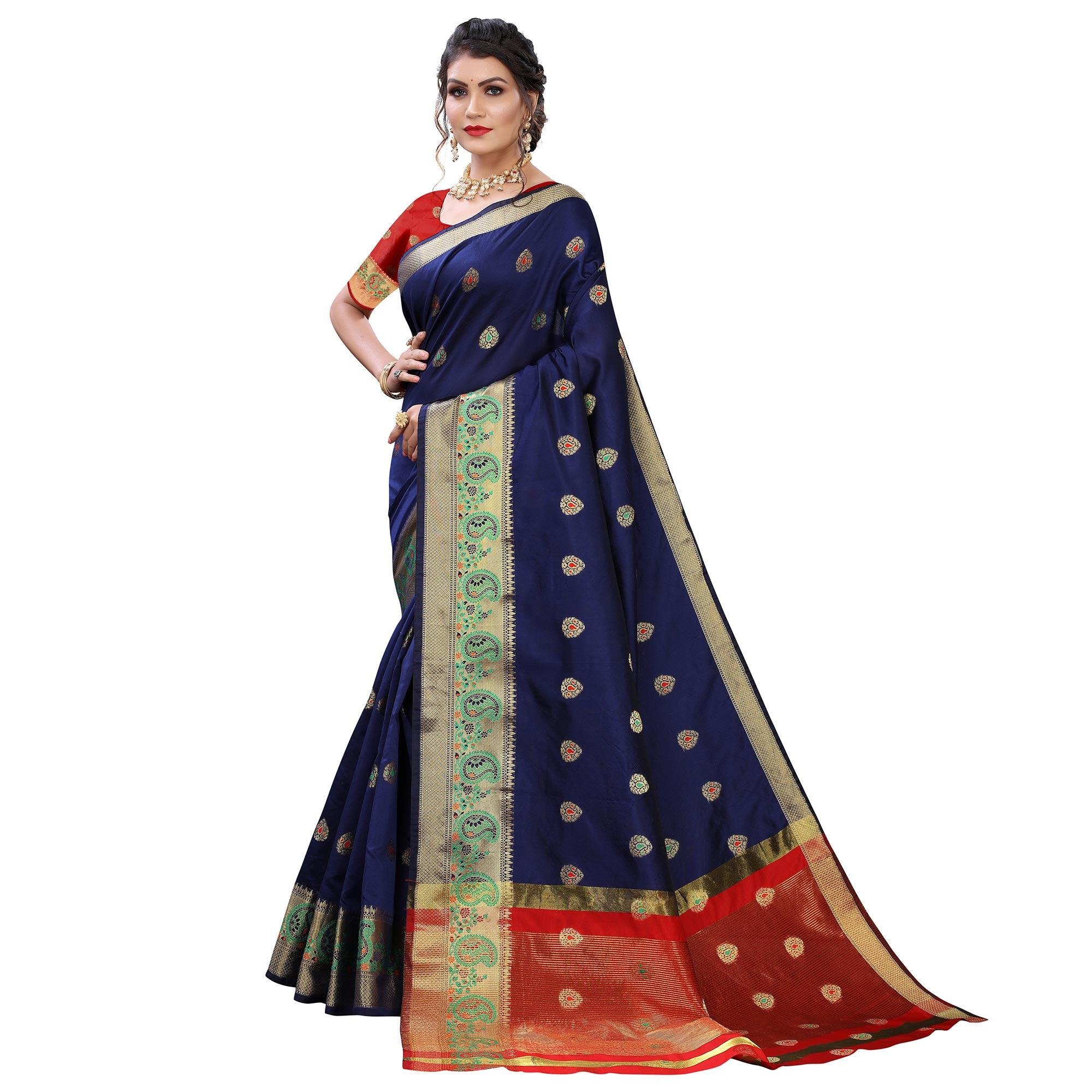 Navy Blue Festive Wear Woven With Meena Butta Lining Pallu Soft Silk Saree - Peachmode