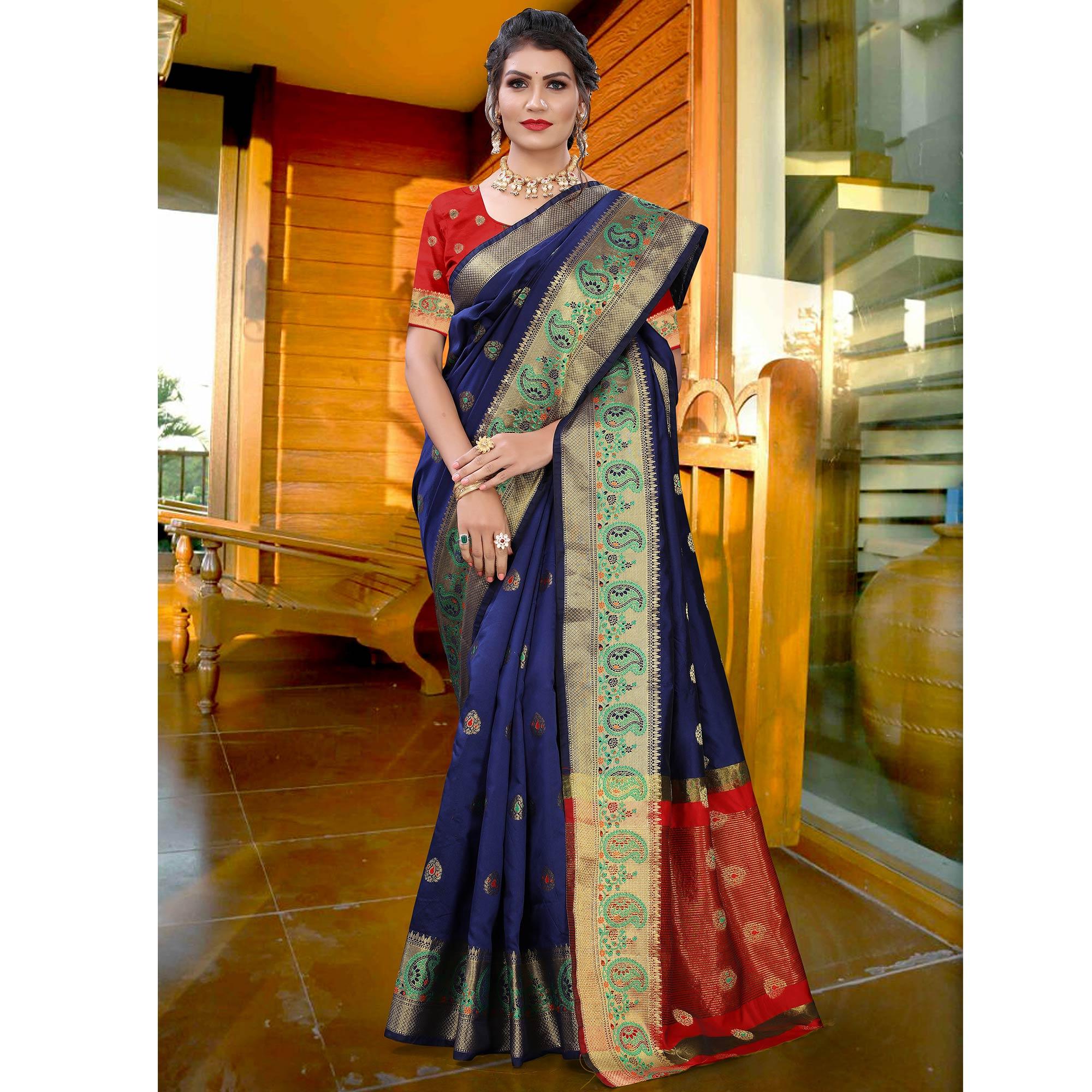 Navy Blue Festive Wear Woven With Meena Butta Lining Pallu Soft Silk Saree - Peachmode