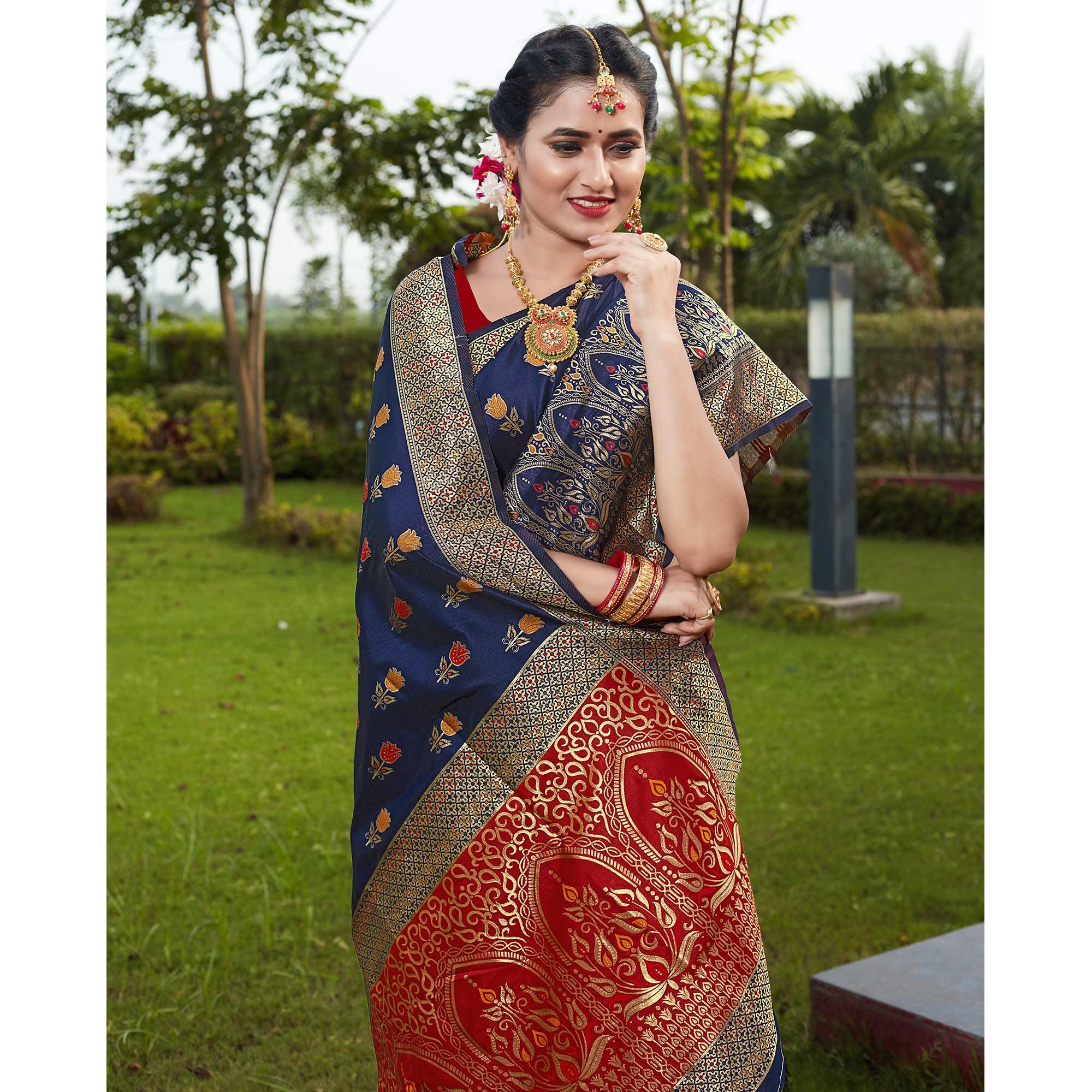 Navy Blue Festive Wear Woven With Meena Rappier Lichi Silk Saree - Peachmode