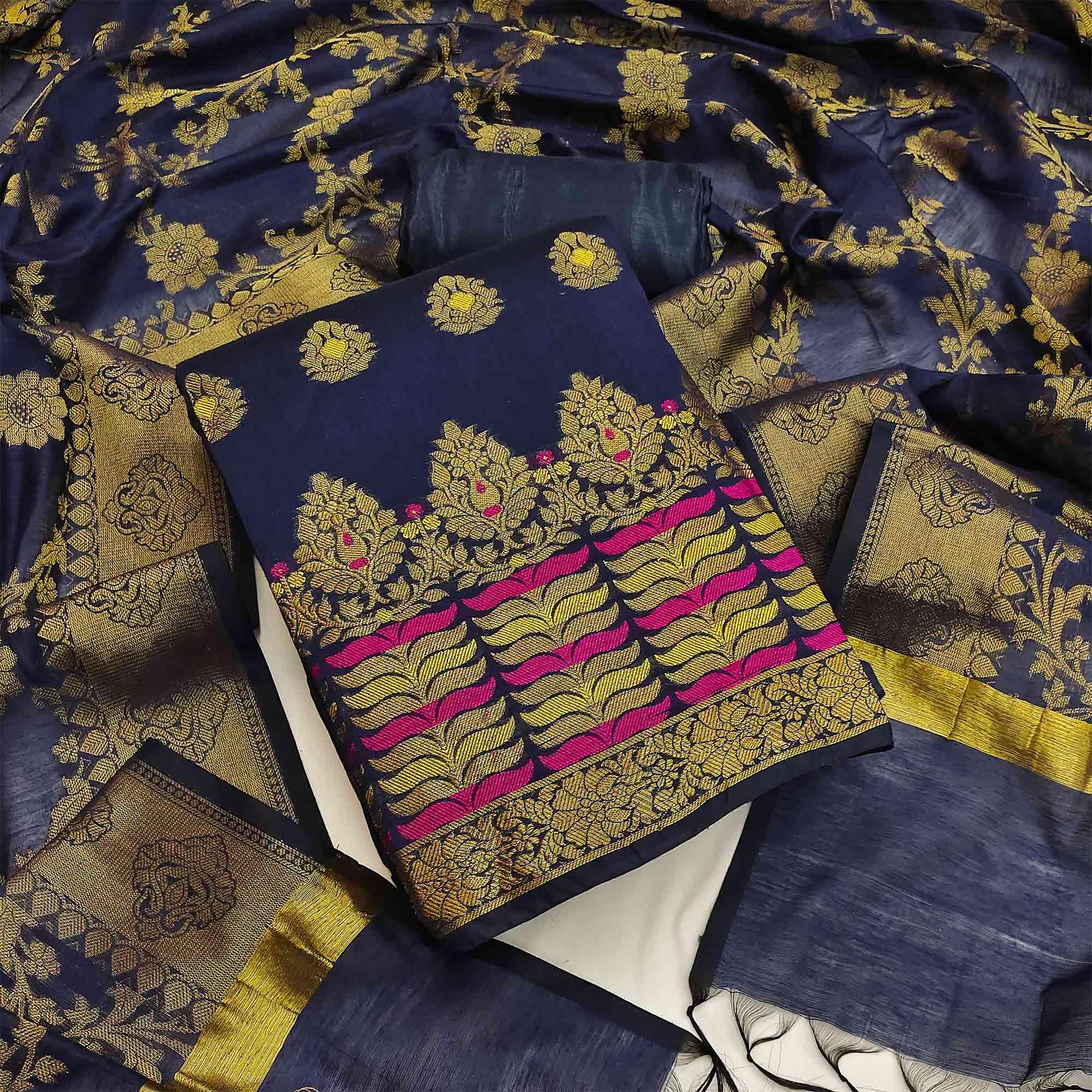 Navy Blue Festive Wear Woven Work with Tassels Banarasi Jacquard Dress Material - Peachmode