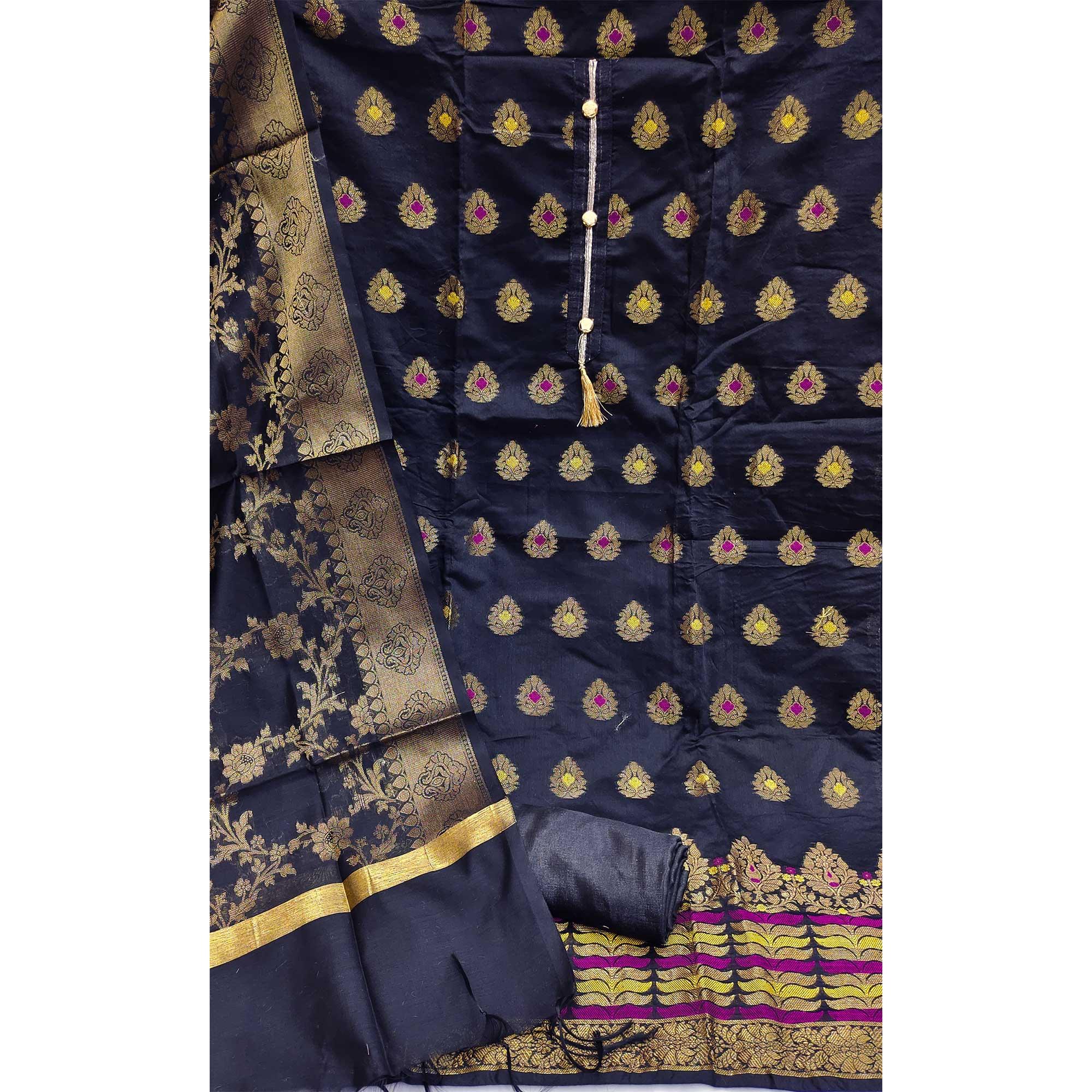 Navy Blue Festive Wear Woven Work with Tassels Banarasi Jacquard Dress Material - Peachmode