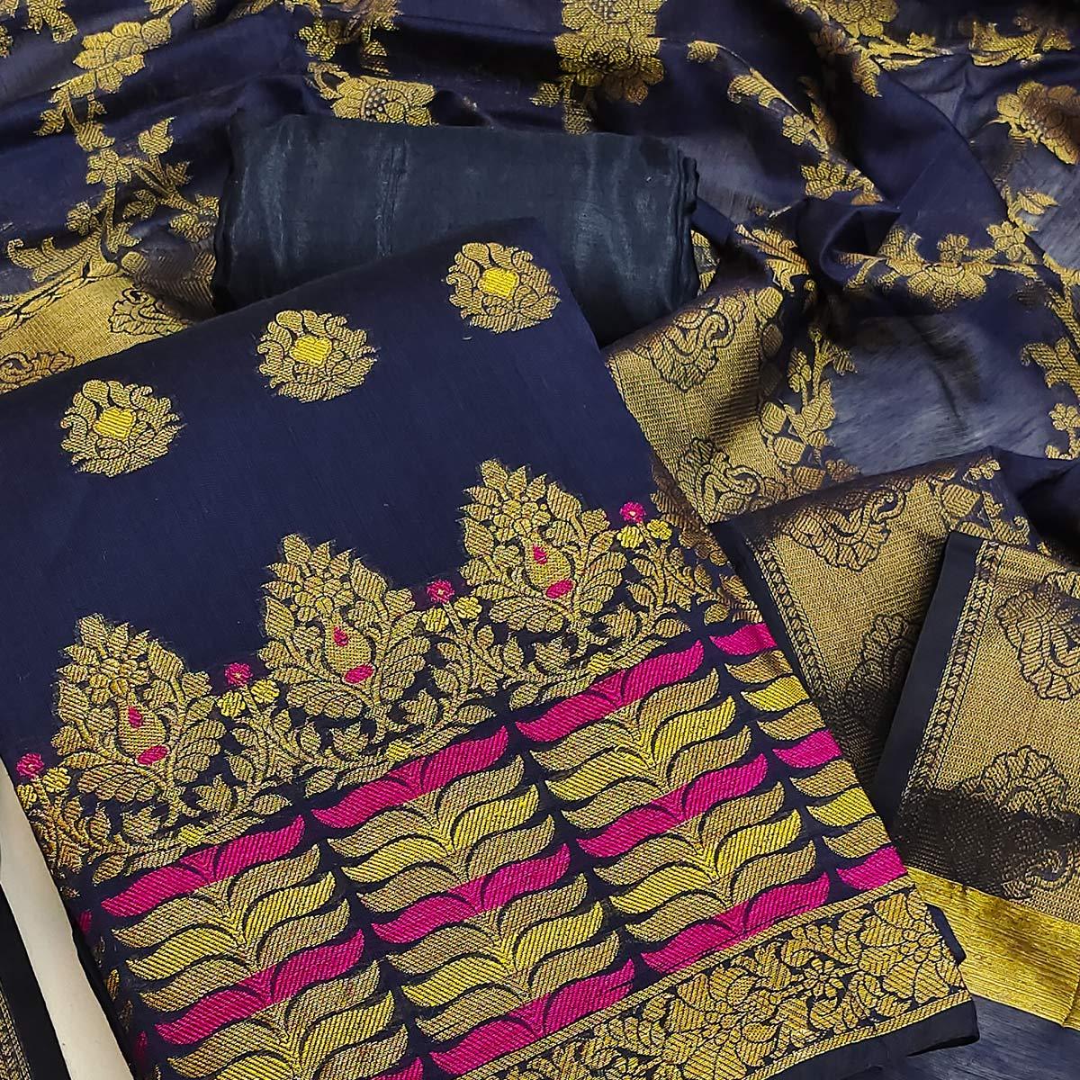 Navy Blue Festive Wear Woven Work with Tassels Banarasi Jacquard Dress Material - Peachmode