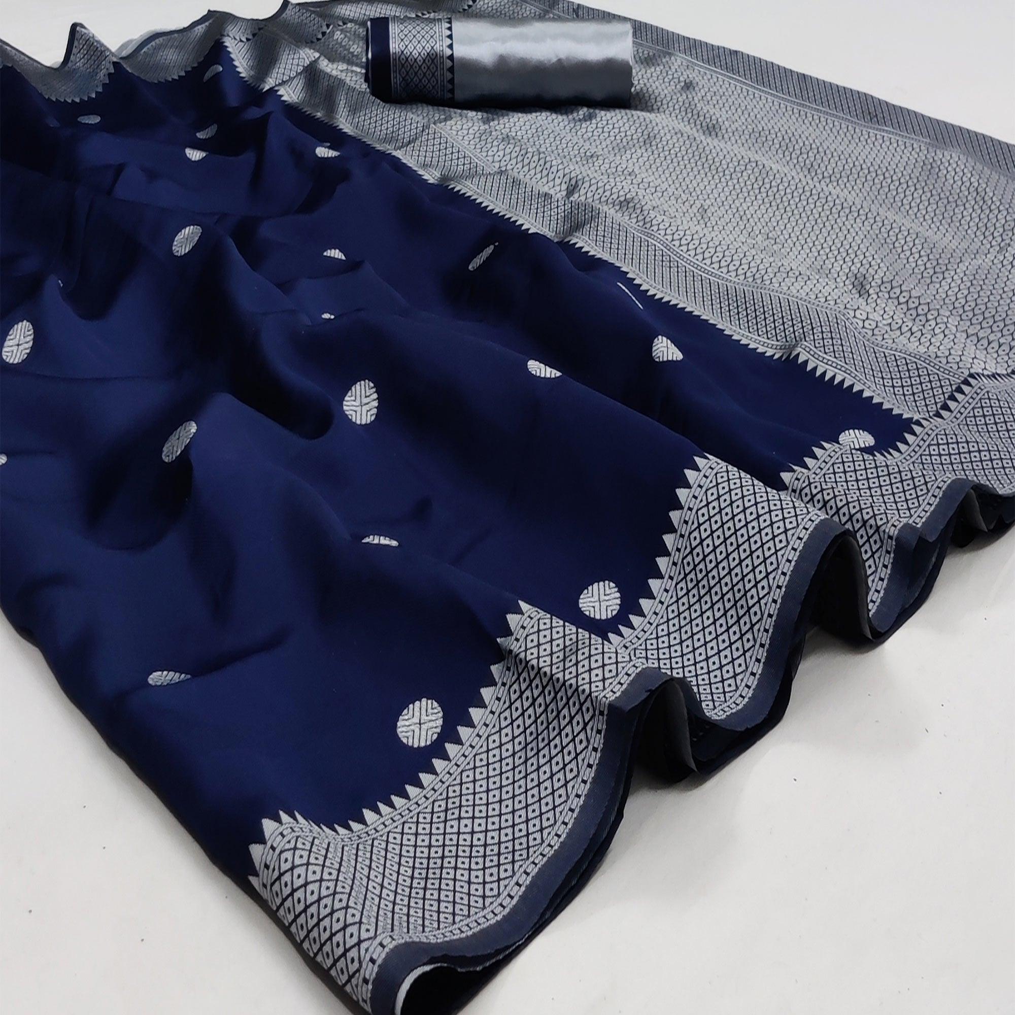 Navy Blue Festive Wear Zari Woven Soft Silk Saree - Peachmode