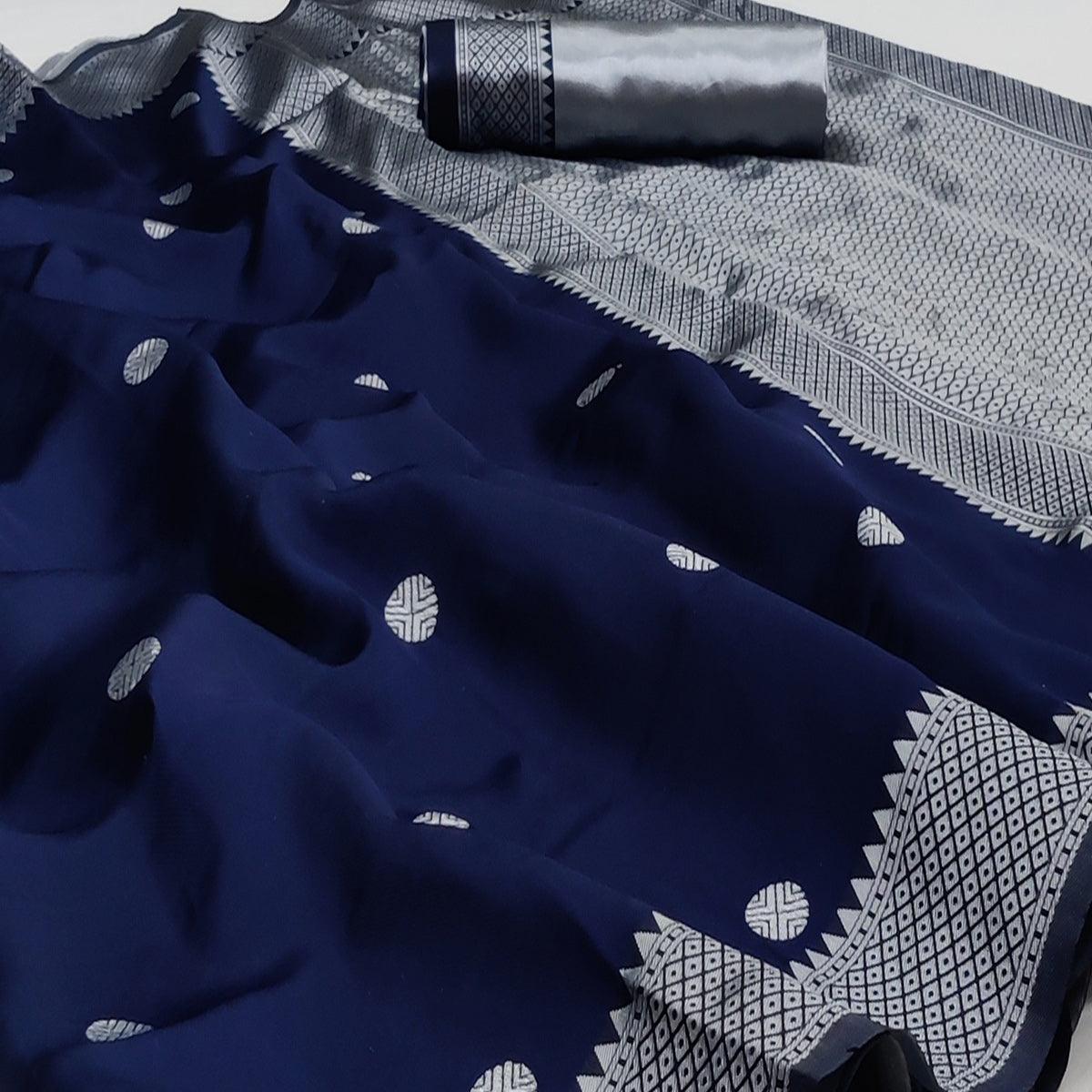 Navy Blue Festive Wear Zari Woven Soft Silk Saree - Peachmode