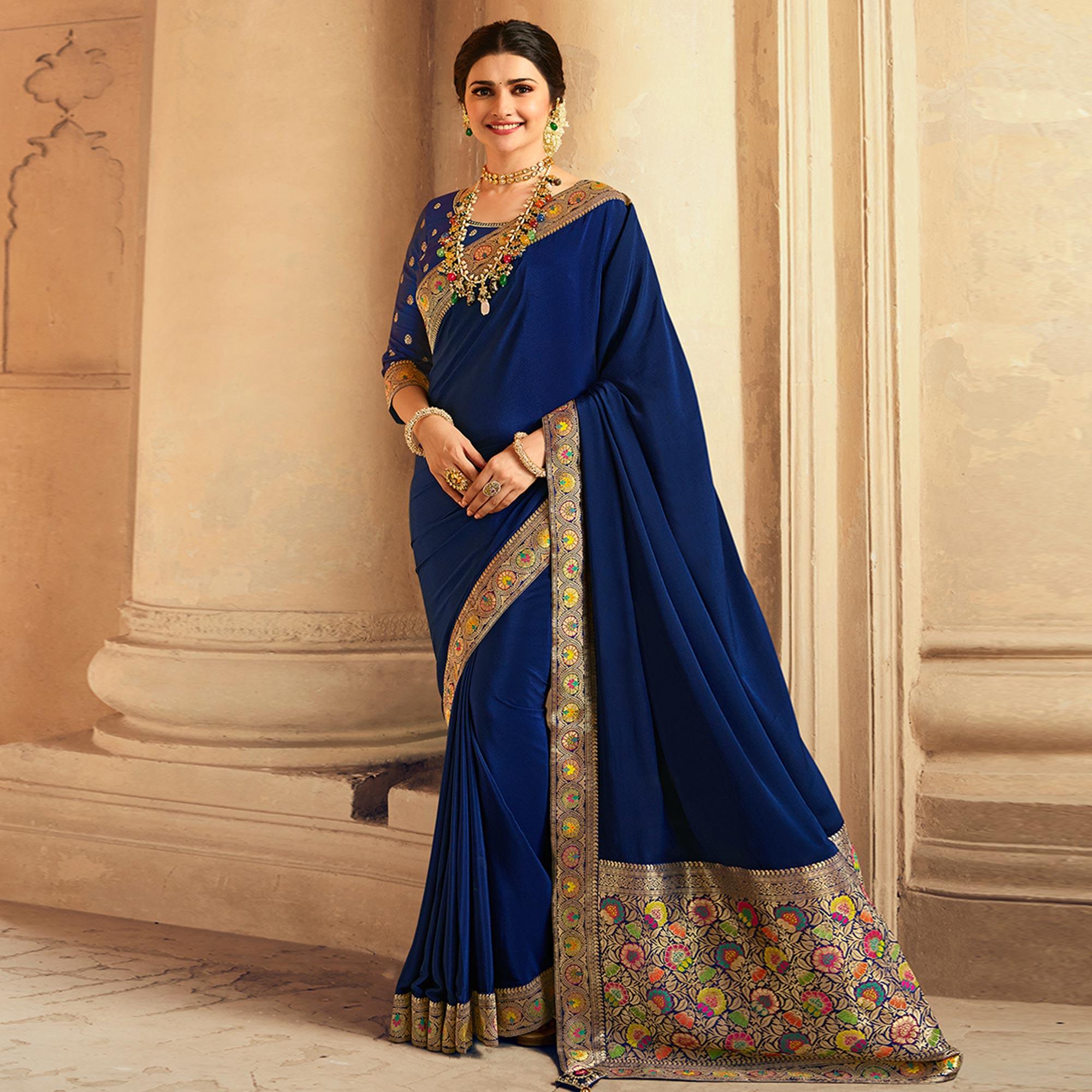 Navy Blue Festive Wear Zari Woven With Jacquard Lace & Pallu Sana Silk Saree - Peachmode