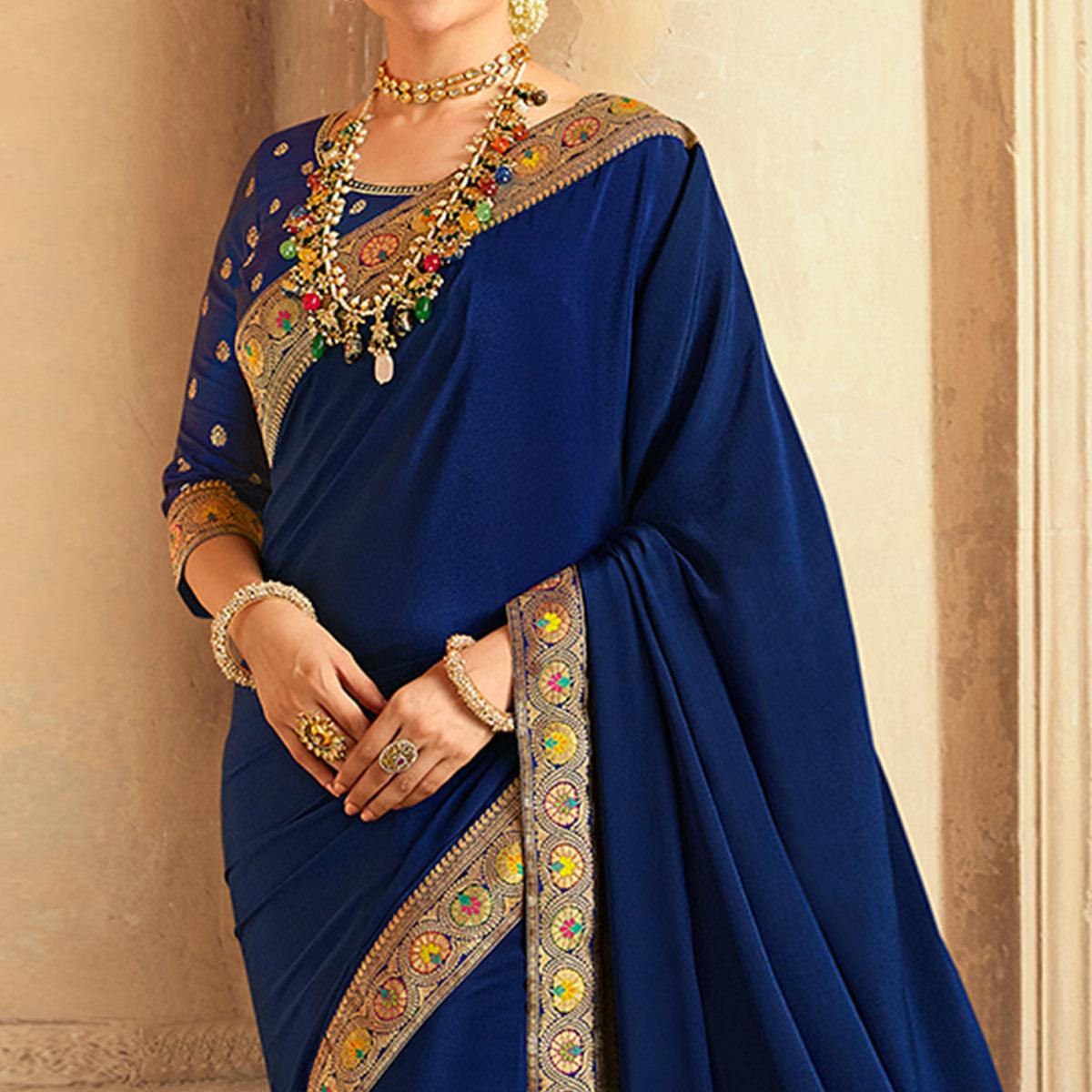 Navy Blue Festive Wear Zari Woven With Jacquard Lace & Pallu Sana Silk Saree - Peachmode