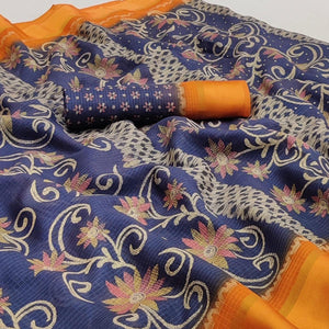 Navy Blue Floral Digital Printed Kota Doria Saree - Peachmode