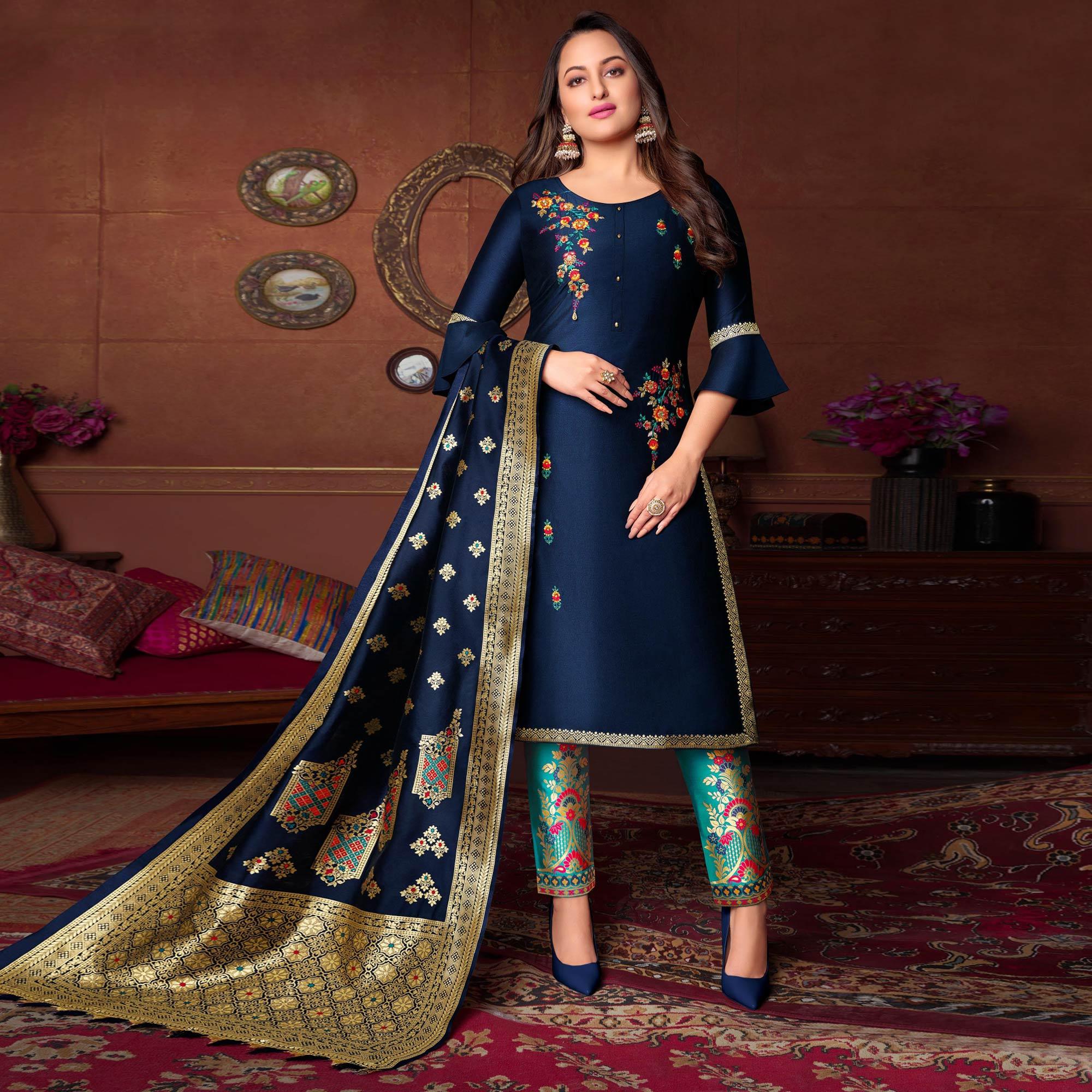 Navy Blue Floral Embroidered Art Silk Kurti Pant Set With Dupatta - Peachmode