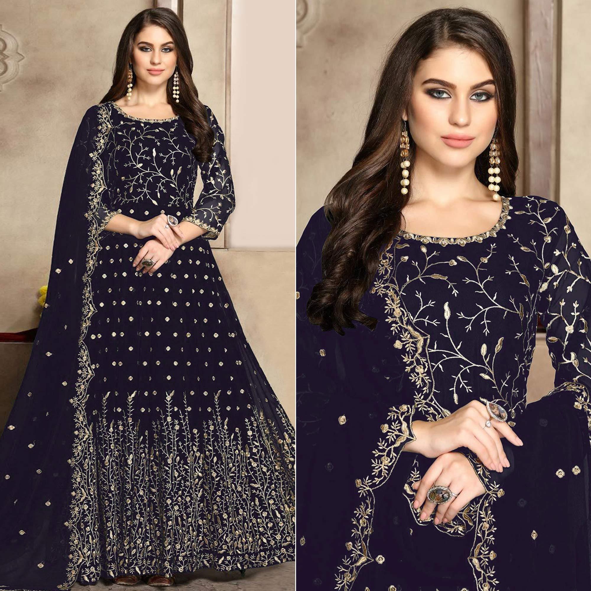 Navy Blue Floral Embroidered Georgette Anarkali Suit - Peachmode