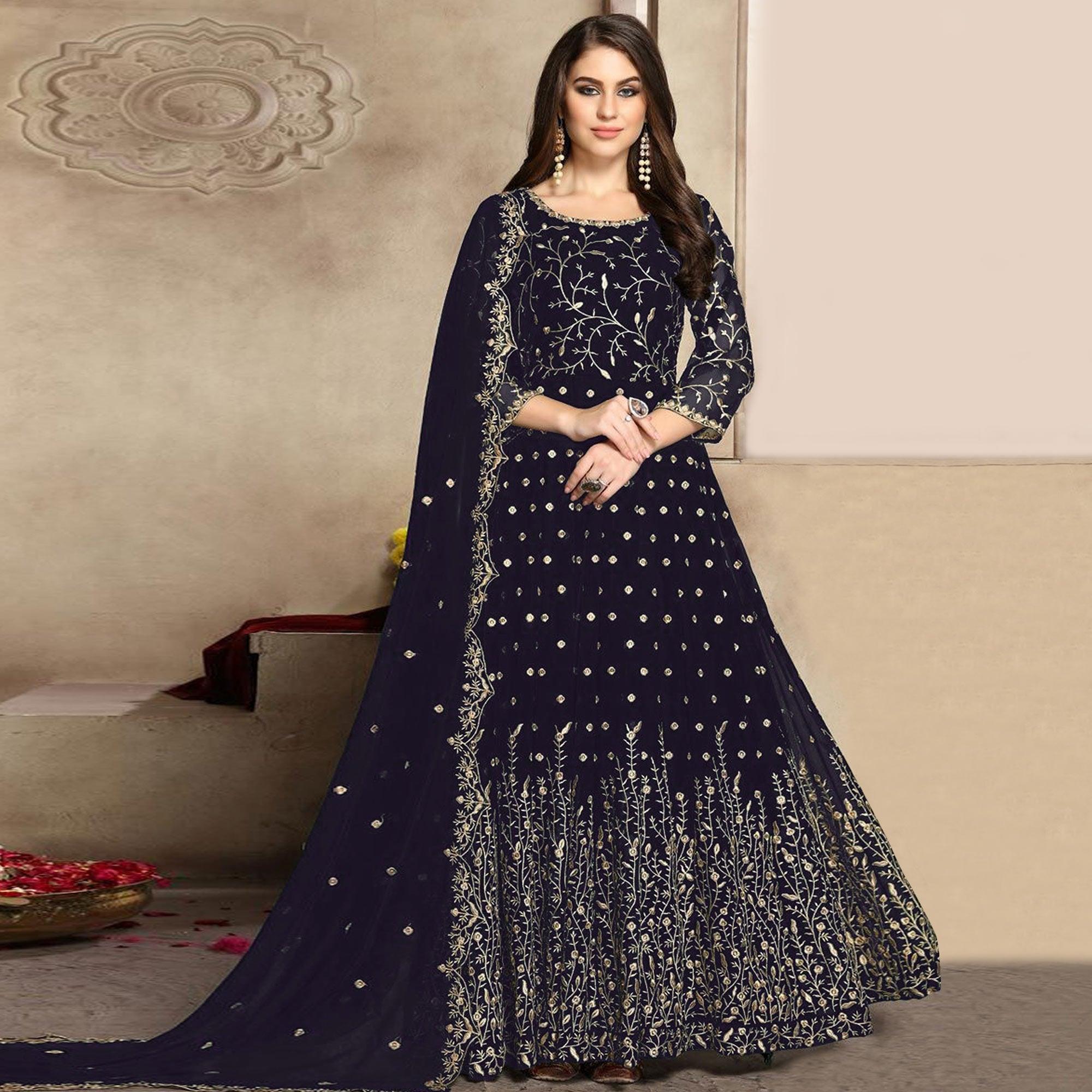 Navy Blue Floral Embroidered Georgette Anarkali Suit - Peachmode